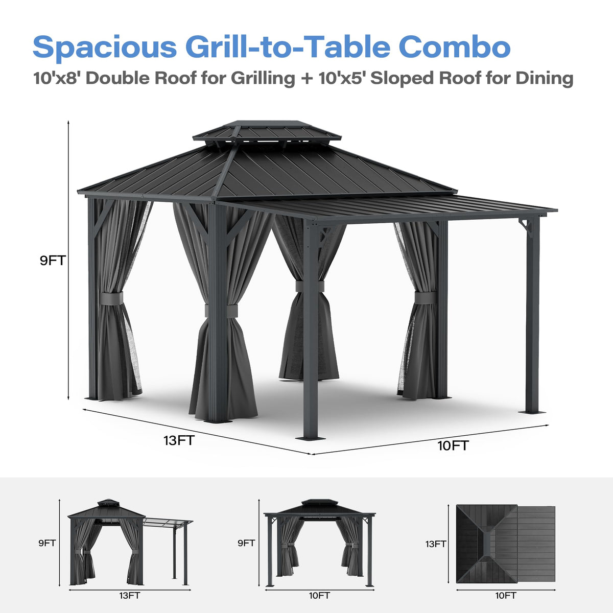 LAUSAINT HOME 5x8 FT Outdoor Grill Gazebo Canopy, BBQ Gazebo with 2-Tier Vented Top, 2 Durable Shelves & Metal Frame Grill ShelterDark Gray