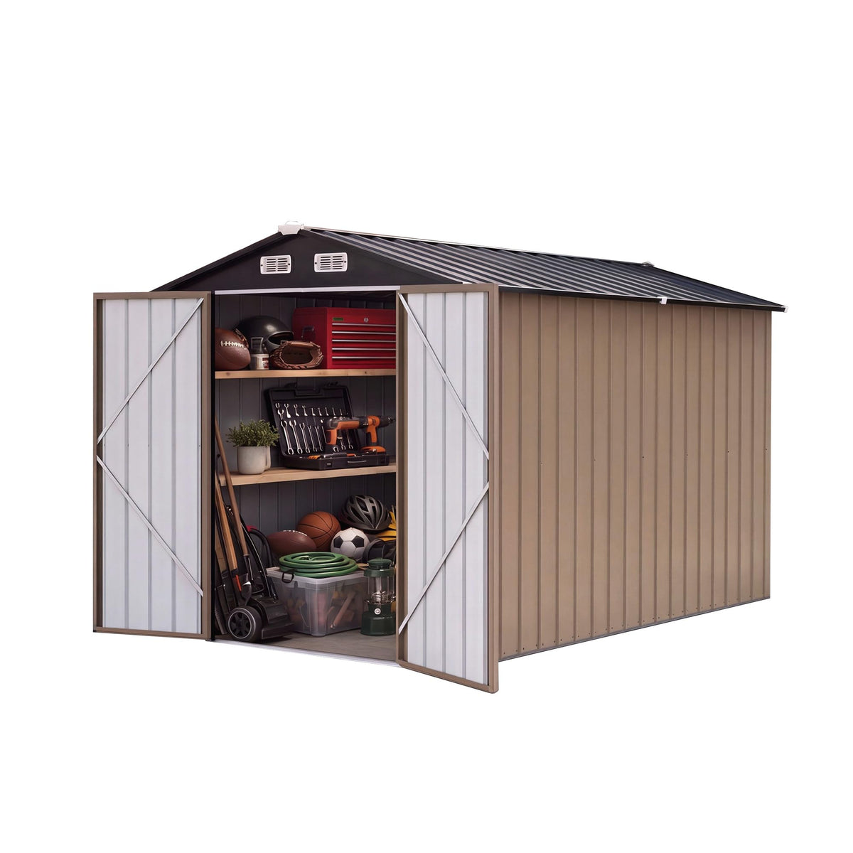 LAUSAINT HOME 10 x 3 FT 2-in-1 Metal Outdoor Storage Shed with Hardtop Gazebo, Lockable Galvanized Steel Lean-to Tool Shed with Sloped Roof, Black
