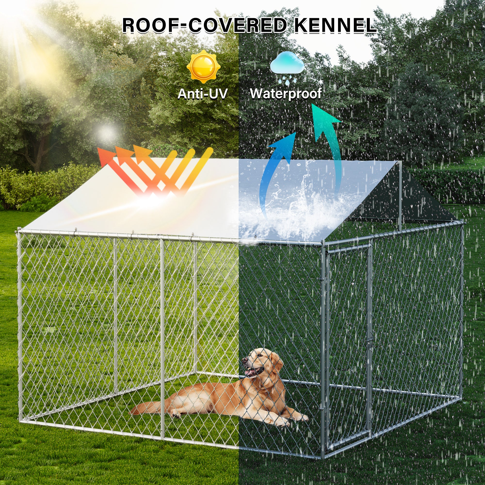 LAUSAINT HOME Large Outdoor Dog Kennel, Galvanized Steel Dog Run Cage Enclosure for Backyard