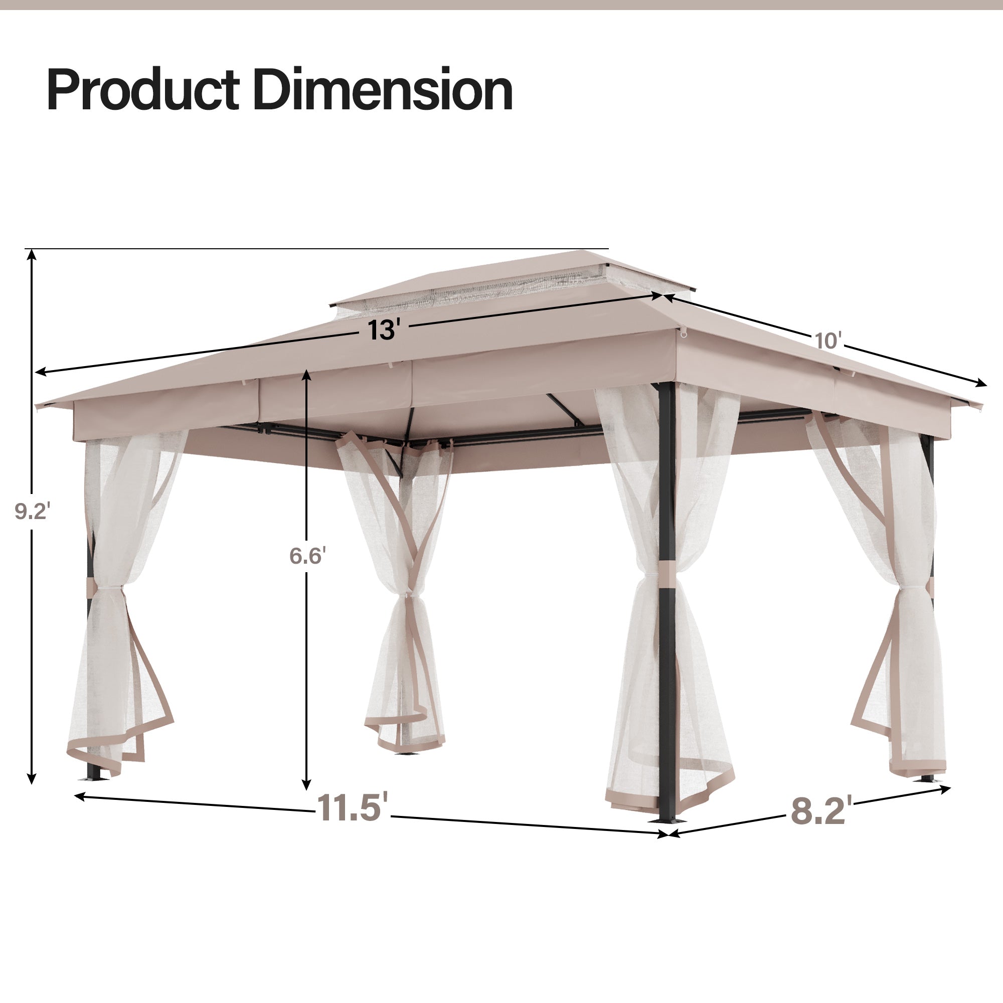 LAUSAINT HOME Patio Gazebo with Mosquito Mesh, Outdoor Gazebo Ventilated Double-Roof Design