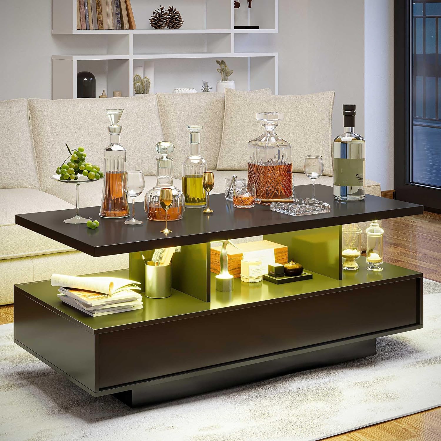 LAUSAINT HOME Coffee Table with Storage, 2-Tier LED Coffee Tables