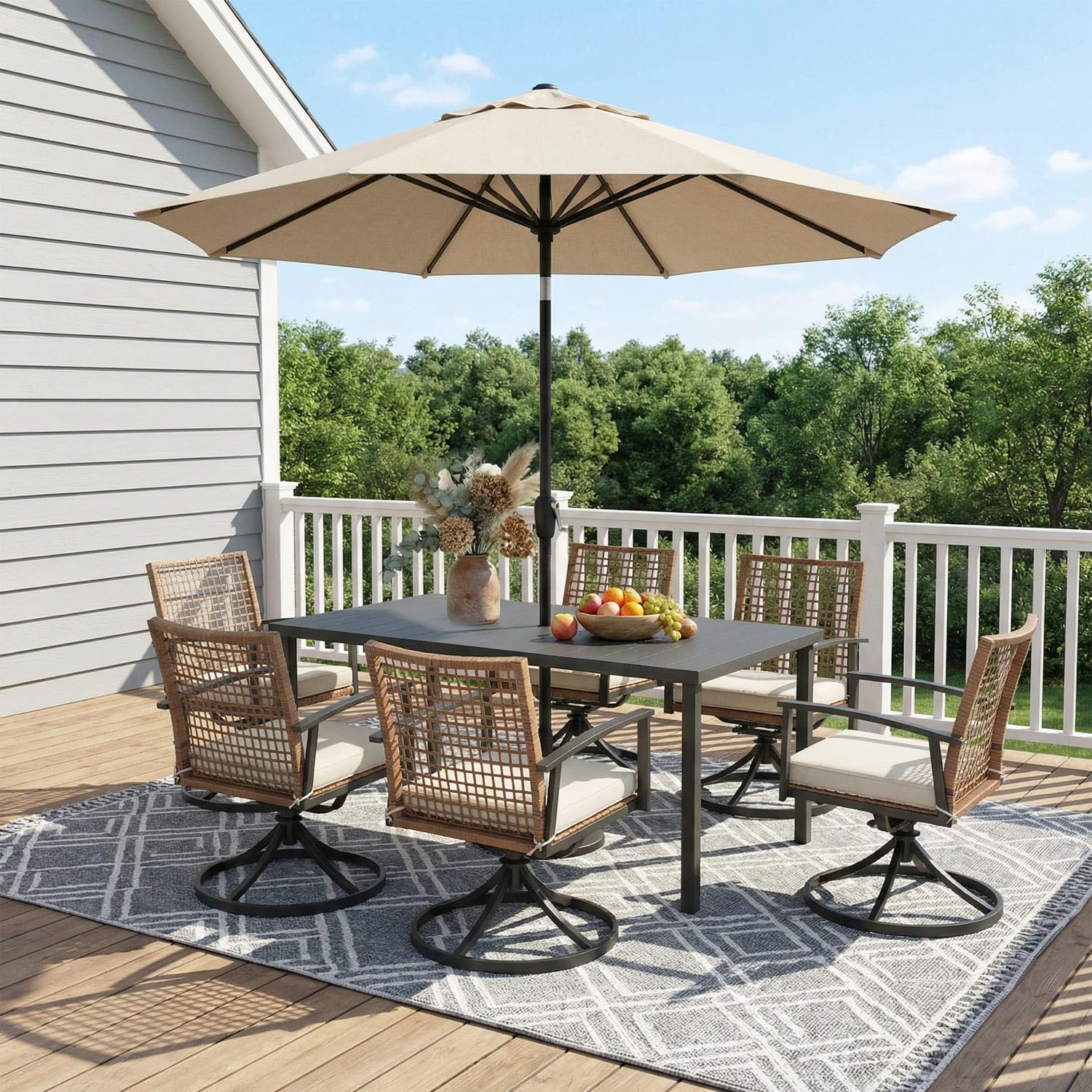 LAUSAINT HOME 7 Pieces Patio Dining Set, Outdoor Furniture Set of 6 Wicker Chairs (2 of Them Swivel) with Soft Cushion and Iron Slats Table Top with Umbrella Hole, Conversation Set for Backyard