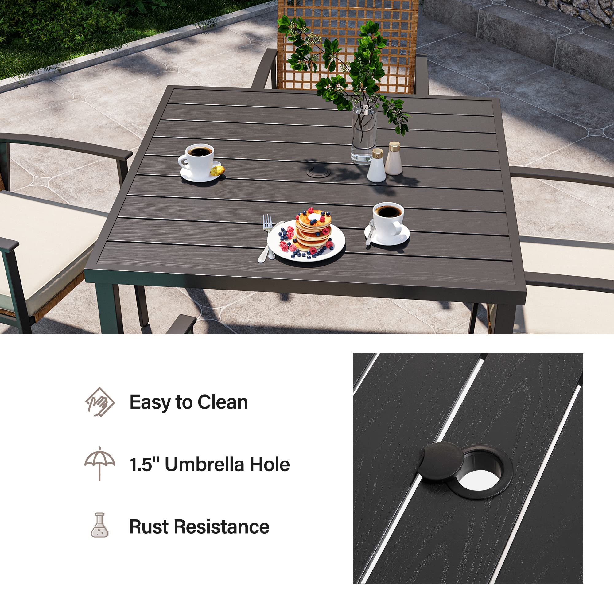 LAUSAINT HOME 7 Pieces Patio Dining Set, Outdoor Furniture Set of 6 Wicker Chairs (2 of Them Swivel) with Soft Cushion and Iron Slats Table Top with Umbrella Hole, Conversation Set for Backyard