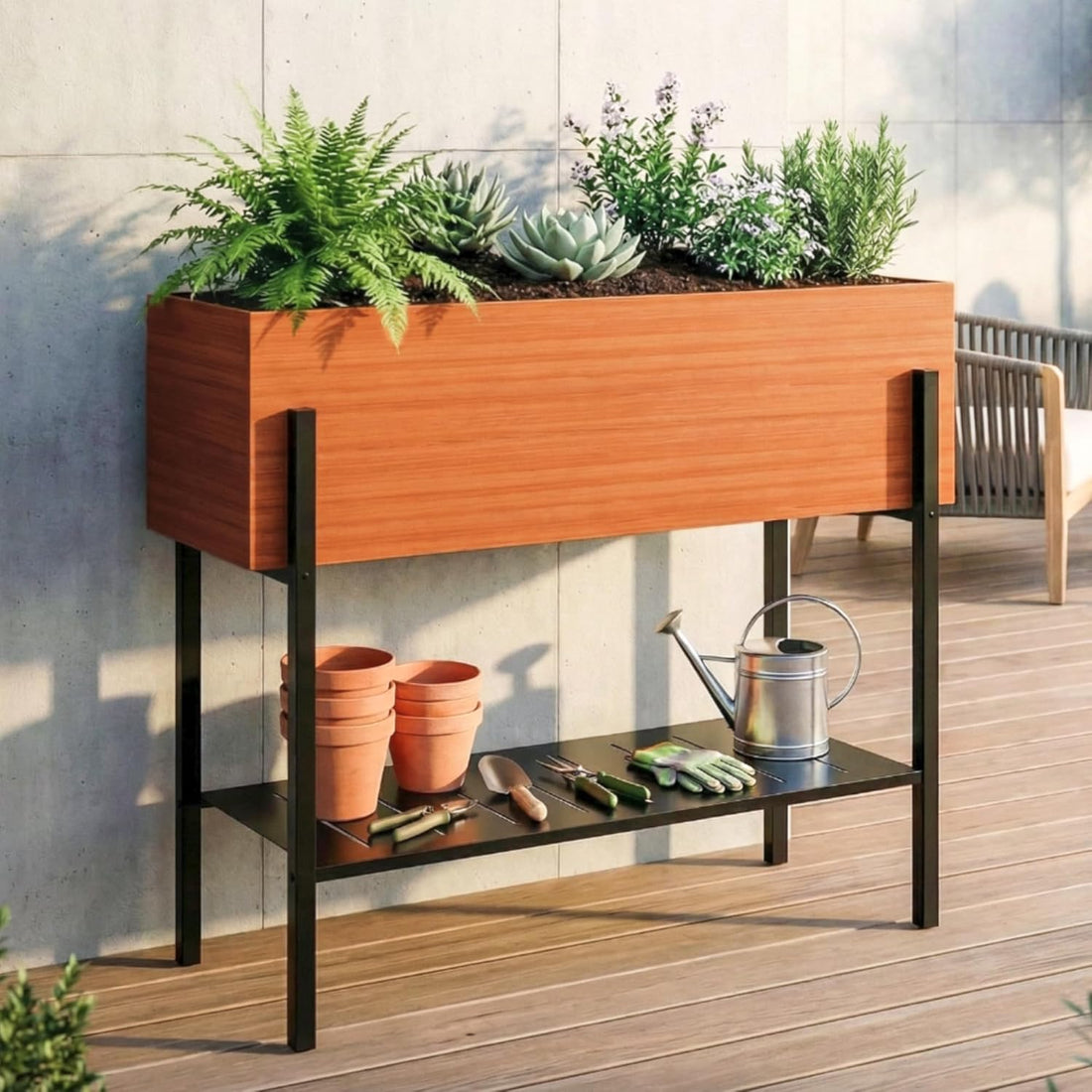 LAUSAINT HOME Outdoor Raised Garden Bed with Legs and Storage Shelf, 32" Tall Metal Elevated Planter Box