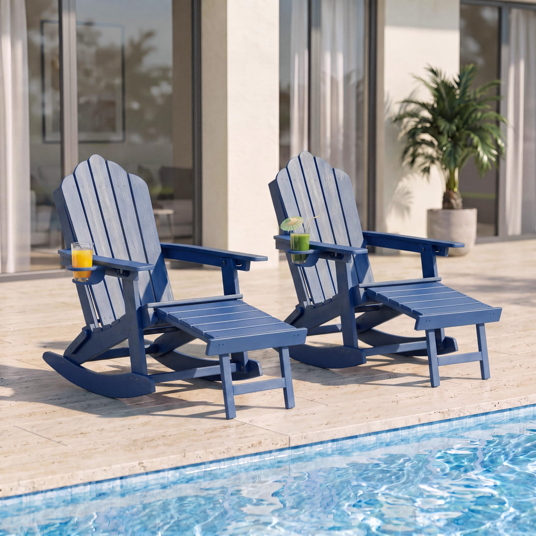 LAUSAINT HOME Folding Adirondack Rocking Chairs Set with Retractable Ottomans, 3-Position Adjustable Backrests and Cup Holders