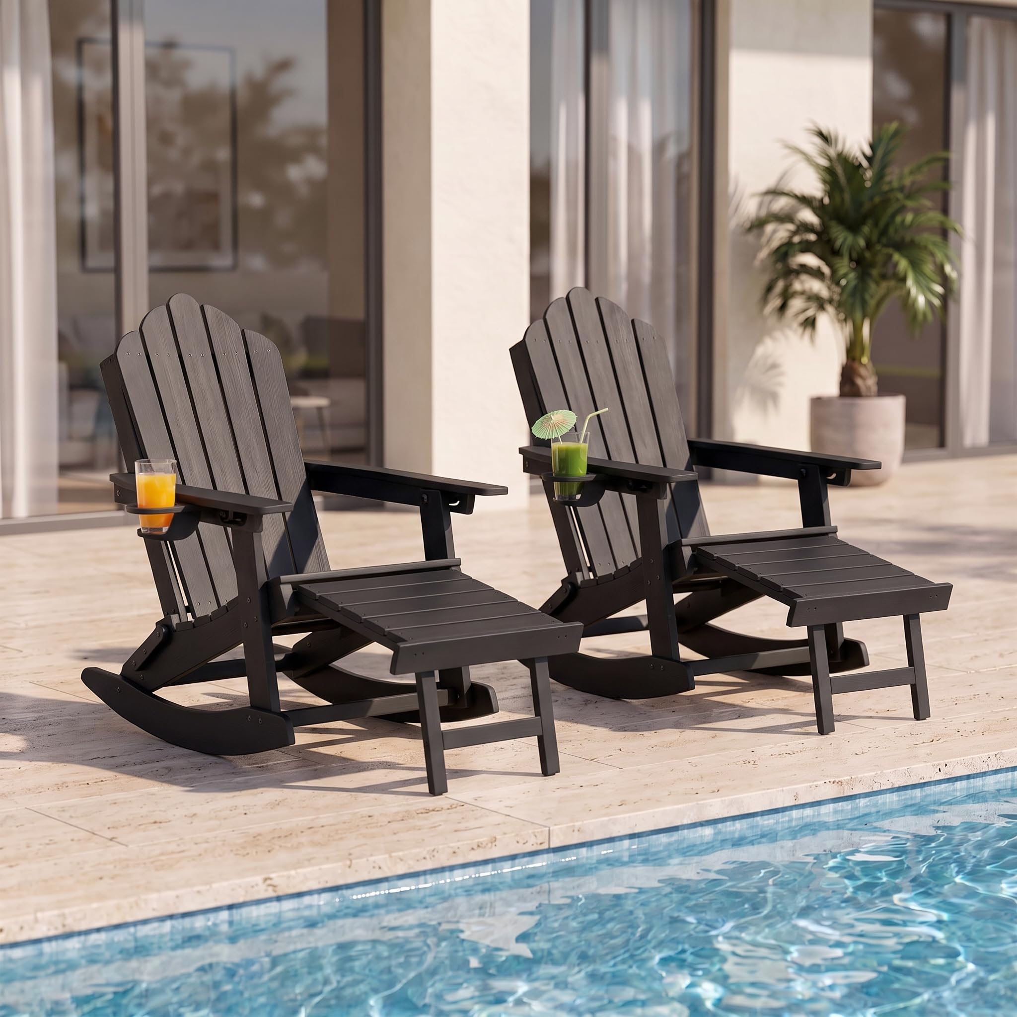 LAUSAINT HOME Folding Adirondack Rocking Chairs Set with Retractable Ottomans, 3-Position Adjustable Backrests and Cup Holders