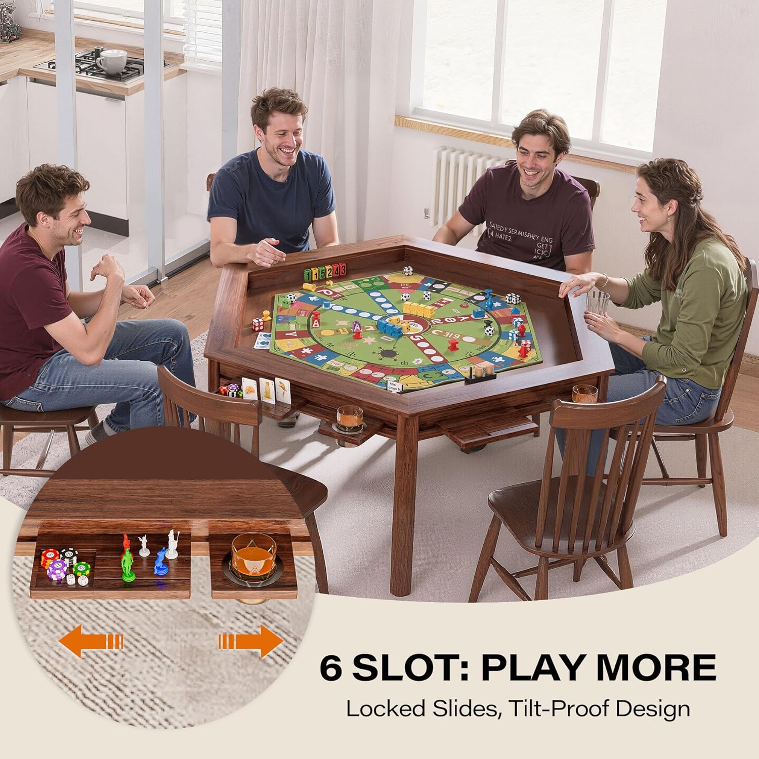 LAUSAINT HOME Hexagon Board Game Table with Removable Table Top, 59” Play Area for 6 Players