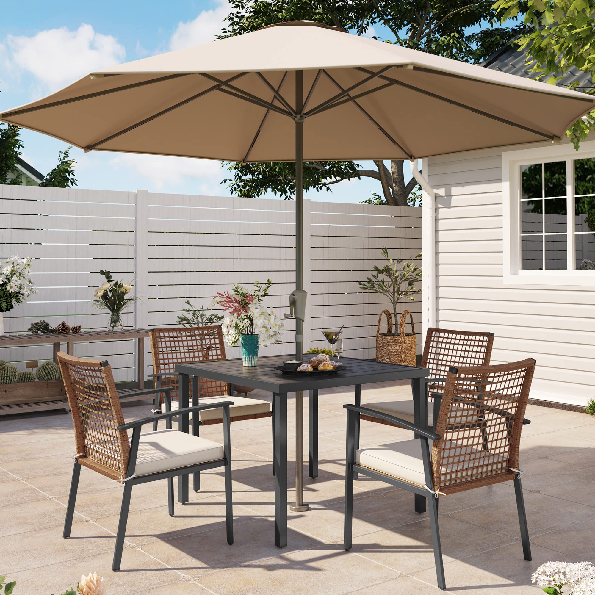 LAUSAINT HOME 7 Pieces Patio Dining Set, Outdoor Furniture Set of 6 Wicker Chairs (2 of Them Swivel) with Soft Cushion and Iron Slats Table Top with Umbrella Hole, Conversation Set for Backyard
