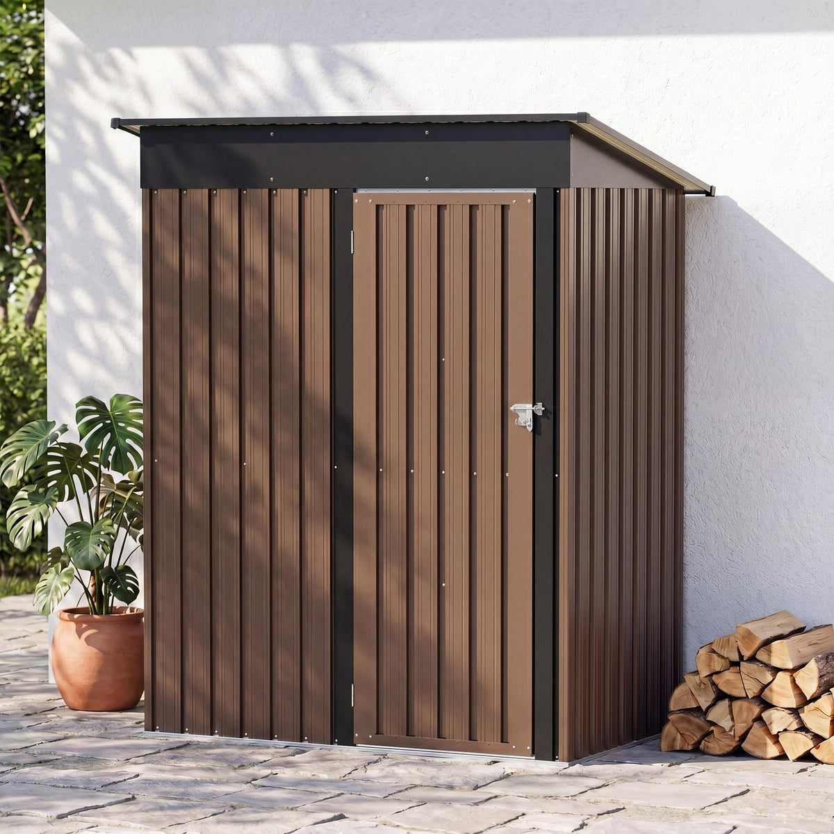 LAUSAINT HOME 8 x 6 FT Outdoor Storage Shed with Window, Galvanized Steel Storage Shed, Double Lockable Doors, Gable Roof & Air Vent for Backyard, Brown