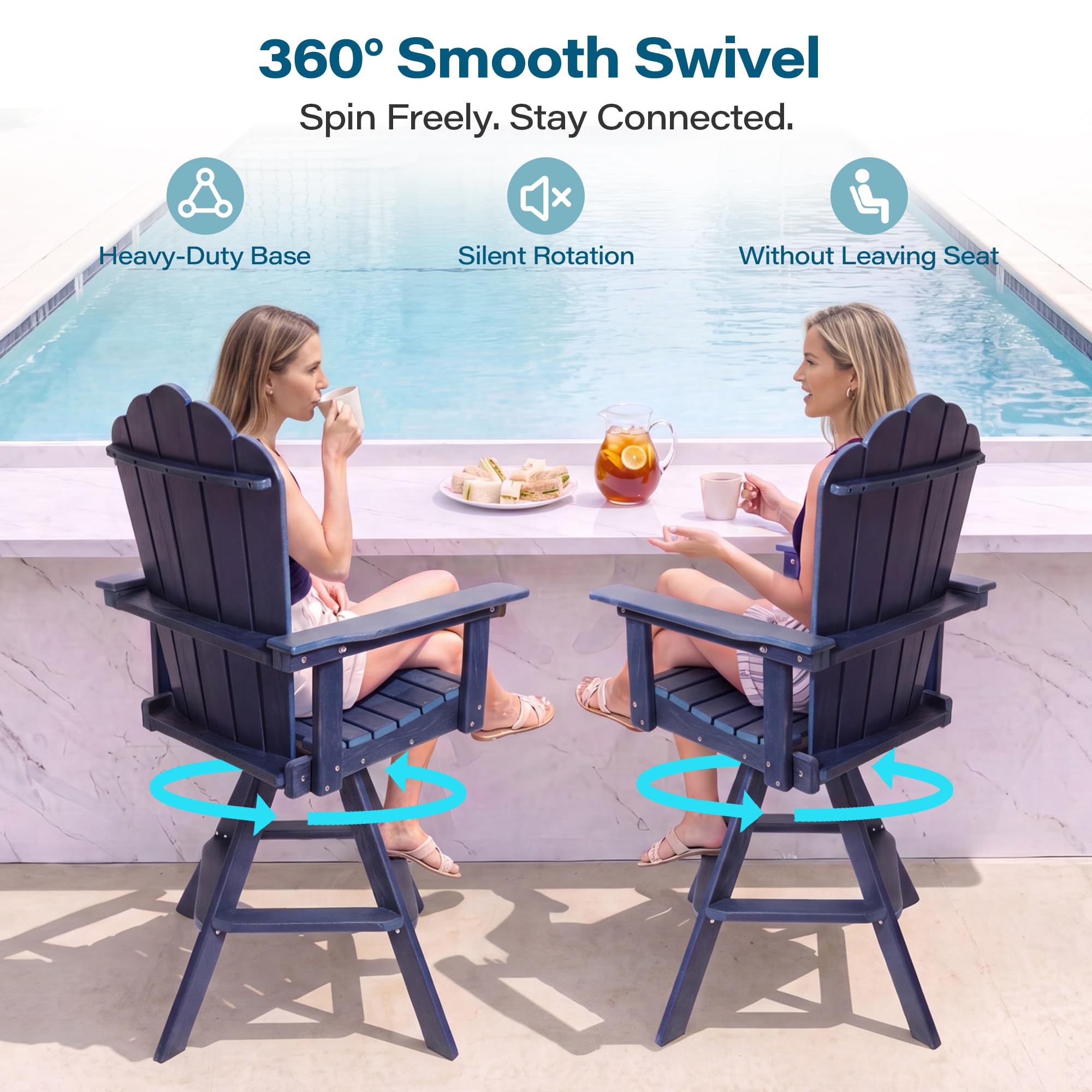 LAUSAINT HOME Swivel Adirondack Bar Chair, Weatherproof Patio HDPE Chairs, Outdoor Bar Height Outdoor Balcony Furniture Set, 360° Rotating Bistro Stools for Garden, Lawn, Poolside, Navy Blue