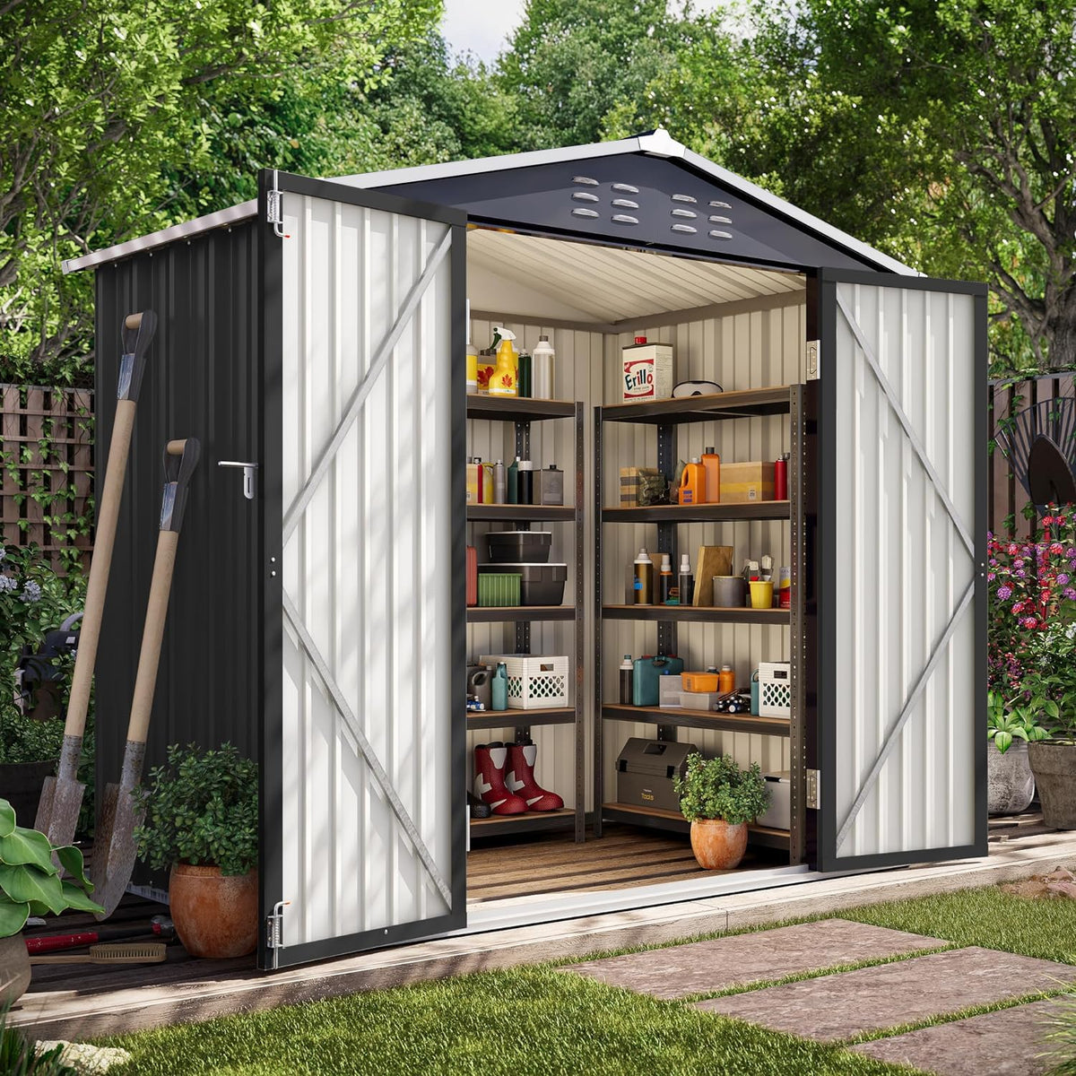 LAUSAINT HOME 10 x 3 FT 2-in-1 Metal Outdoor Storage Shed with Hardtop Gazebo, Lockable Galvanized Steel Lean-to Tool Shed with Sloped Roof, Black