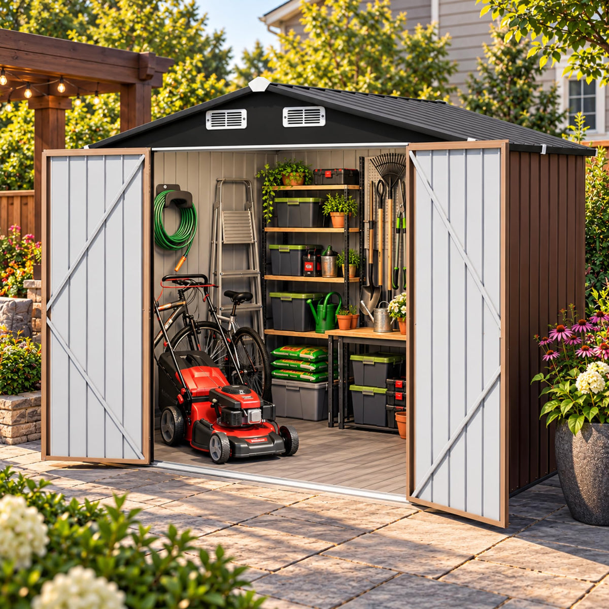 LAUSAINT HOME 10 x 3 FT 2-in-1 Metal Outdoor Storage Shed with Hardtop Gazebo, Lockable Galvanized Steel Lean-to Tool Shed with Sloped Roof, Black