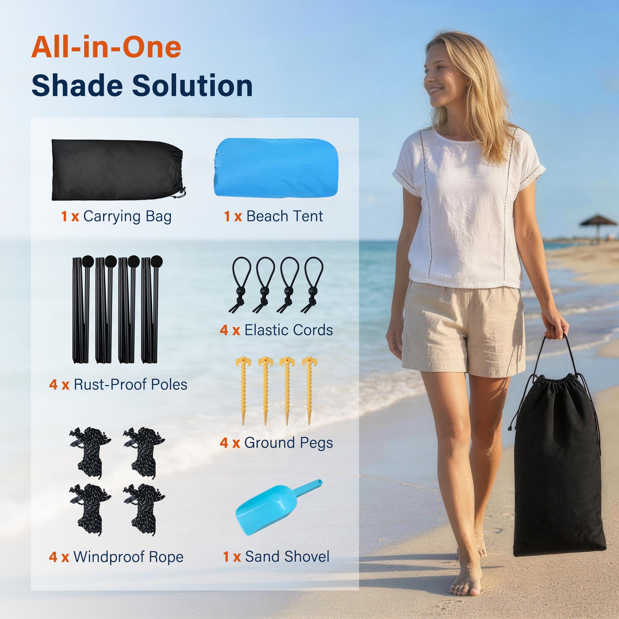 LAUSAINT HOME Beach Tent, 7.5x7.5FT Easy Pop Up Beach Canopy Sun Shade UPF 50+ Protection with 4 Windproof Stability Poles and Sandbags, Outdoor Sun Shelter for Family Camping, Sky Blue