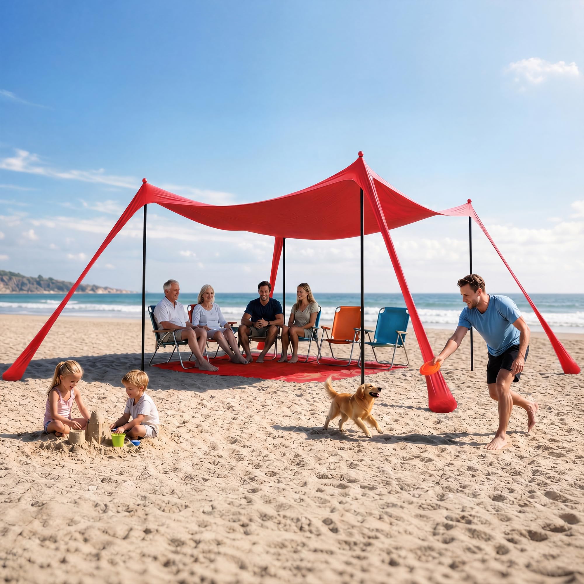 LAUSAINT HOME Beach Tent, 7.5x7.5FT Easy Pop Up Beach Canopy Sun Shade UPF 50+ Protection with 4 Windproof Stability Poles and Sandbags, Outdoor Sun Shelter for Family Camping, Sky Blue
