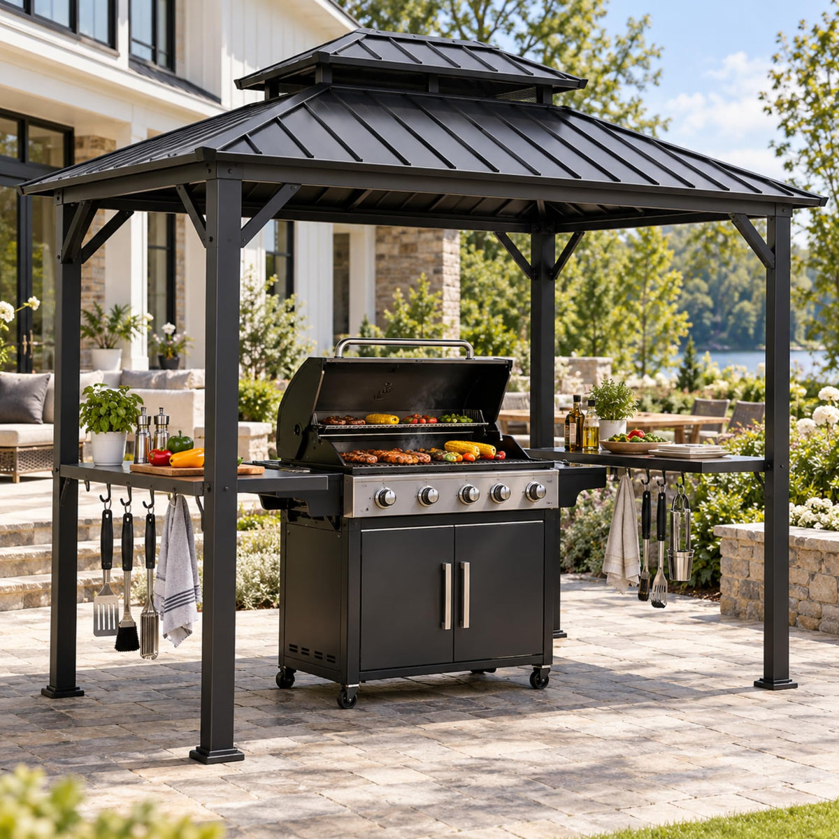 LAUSAINT HOME 5x8 FT Outdoor Grill Gazebo Canopy, BBQ Gazebo with 2-Tier Vented Top, 2 Durable Shelves & Metal Frame Grill ShelterDark Gray