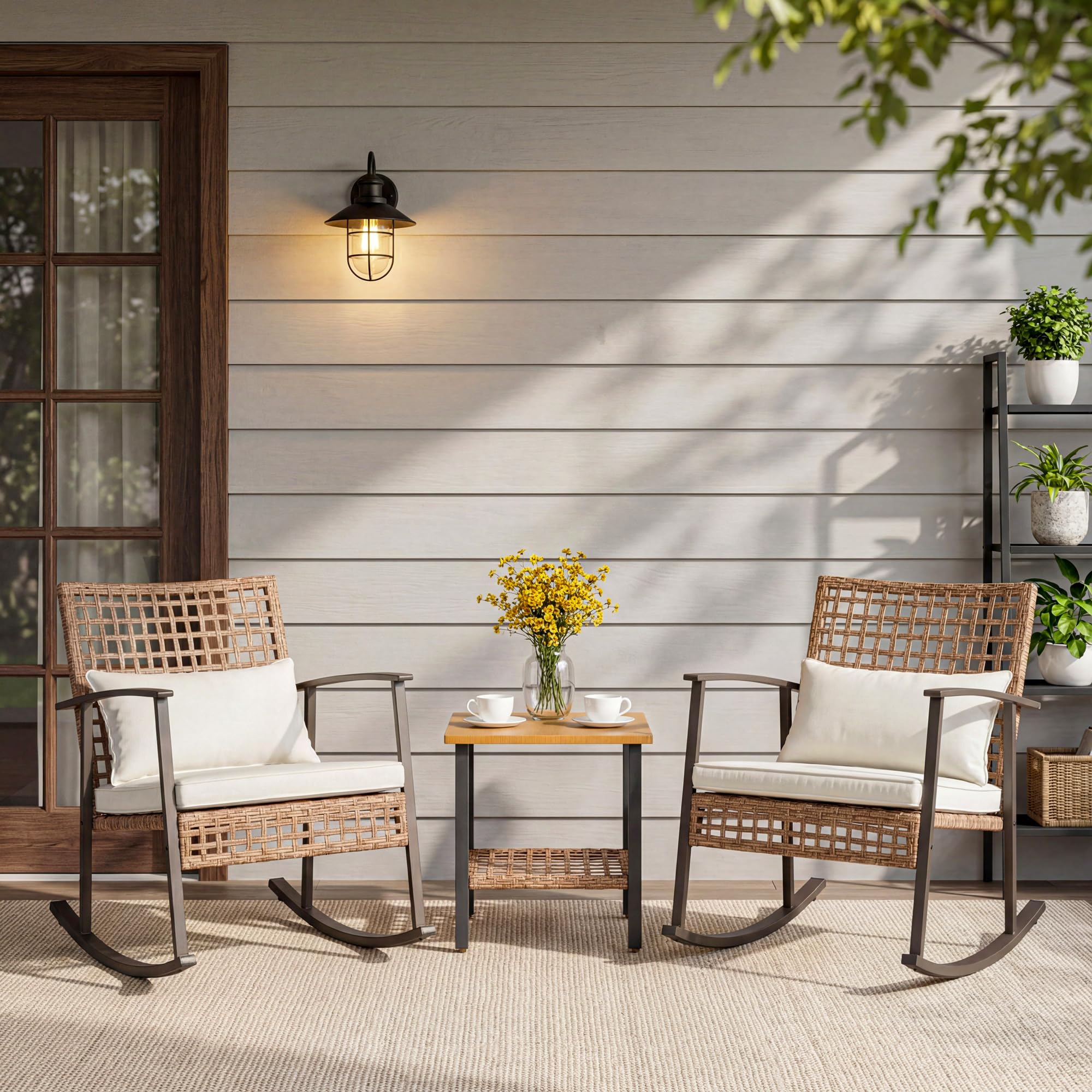 LAUSAINT HOME 3 Pieces Rocking Patio Bistro Set, Wicker Outdoor Conversation Set