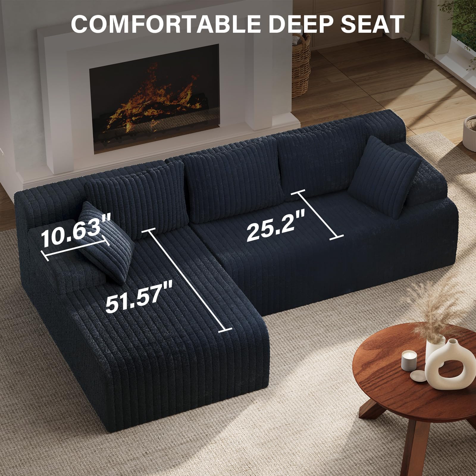 LAUSAINT HOME 96" Modular Sectional Sofa Couches, L-Shaped Boneless Cloud Sofa with 3 Deep Seat