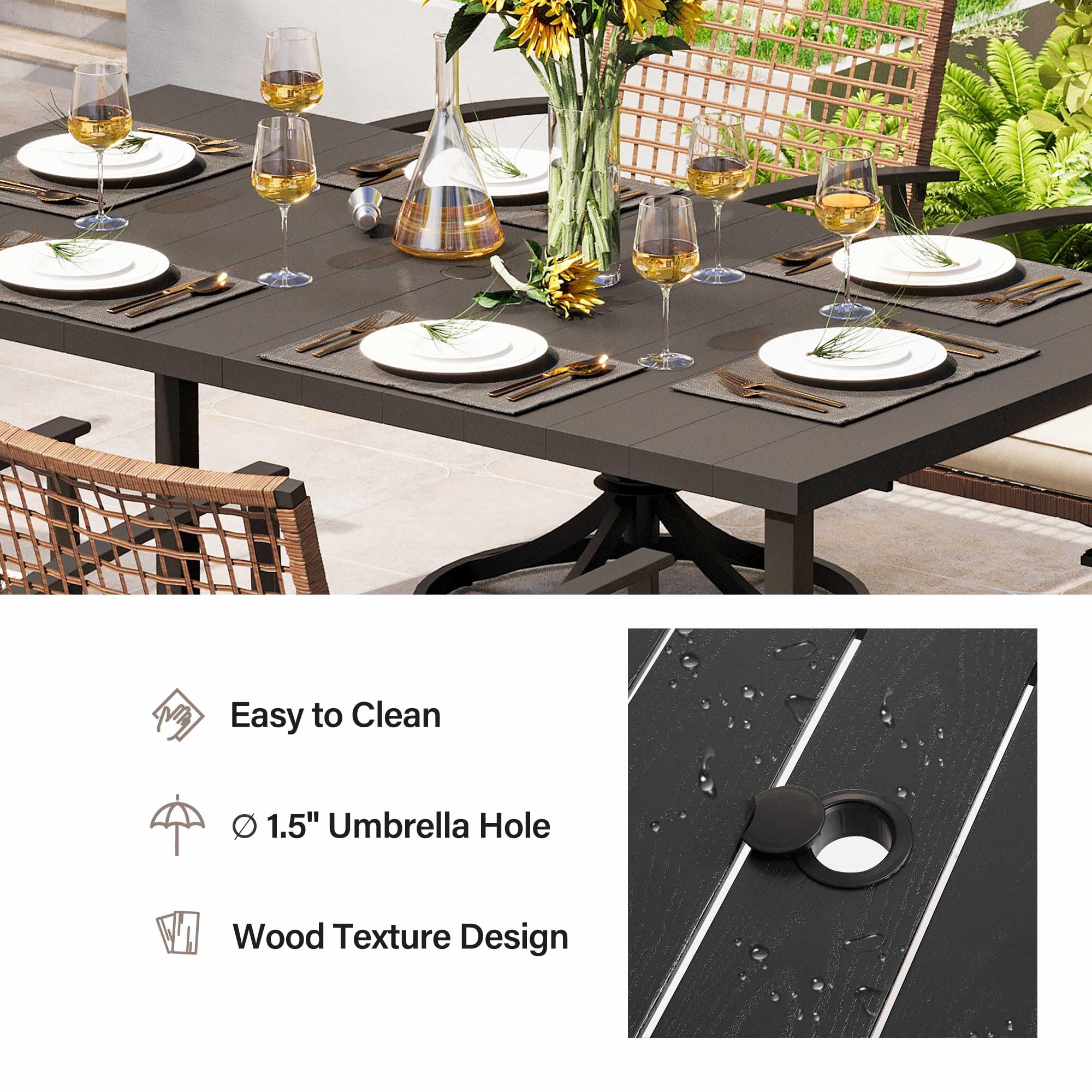 LAUSAINT HOME Outdoor Dining Table with Umbrella Hole, Weather Resistant Heavy Duty Metal Frame Table