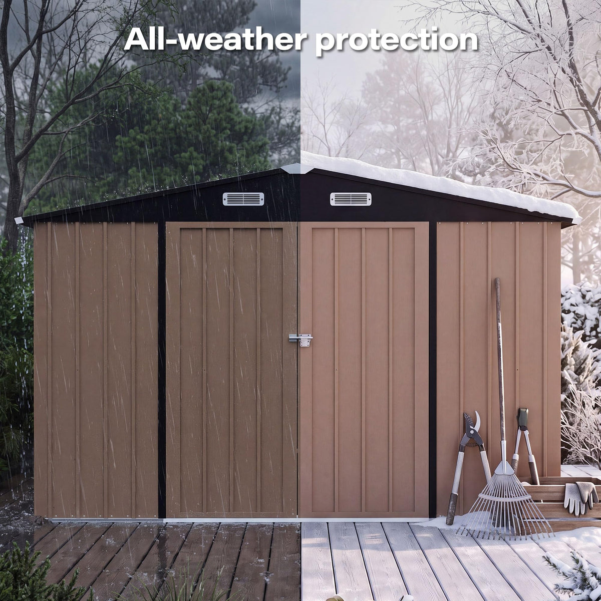 LAUSAINT HOME 8 x 6 FT Outdoor Storage Shed with Window, Galvanized Steel Storage Shed, Double Lockable Doors, Gable Roof & Air Vent for Backyard, Brown