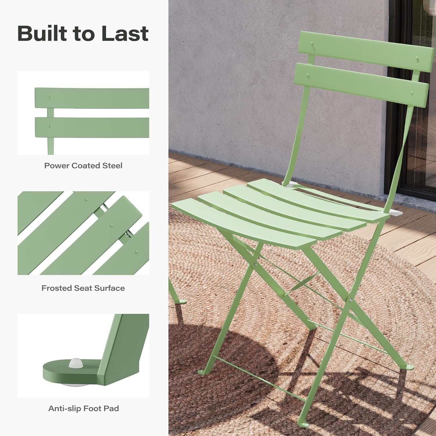 LAUSAINT HOME 3-Piece Steel Folding Bistro Set, Premium Weather-Resistant Patio Table & 2 Chairs