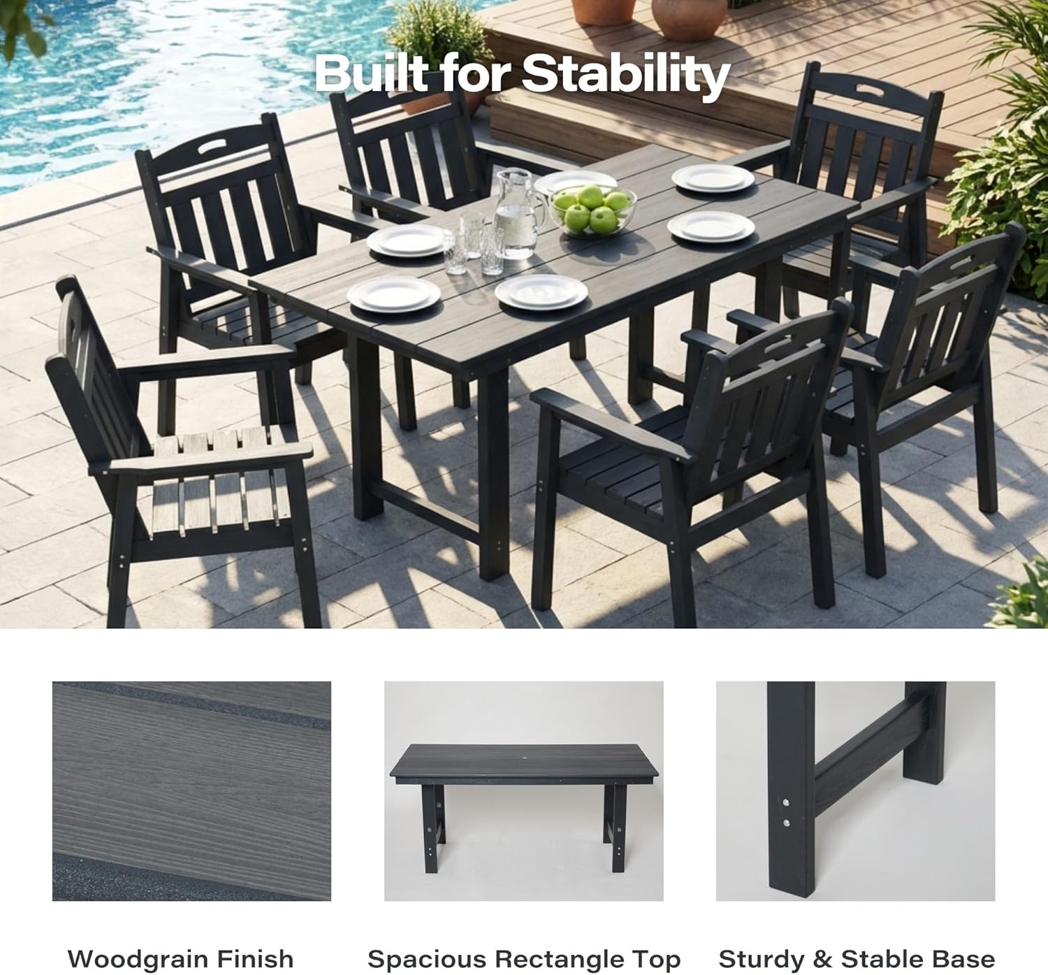 LAUSAINT HOME 7 Pieces HDPE Outdoor Dining Set for 6, Patio Dining Table and Chairs Set with Umbrella Hole