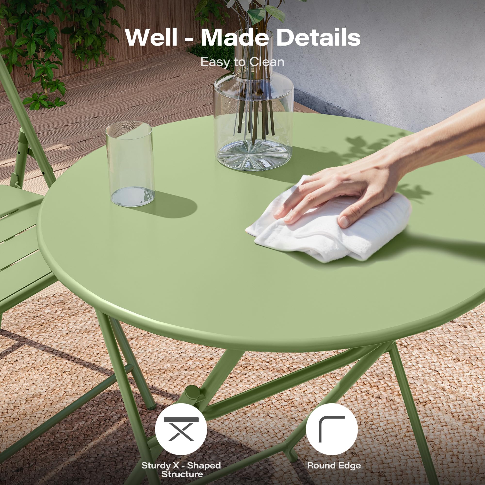 LAUSAINT HOME 3-Piece Steel Folding Bistro Set, Premium Weather-Resistant Patio Table & 2 Chairs