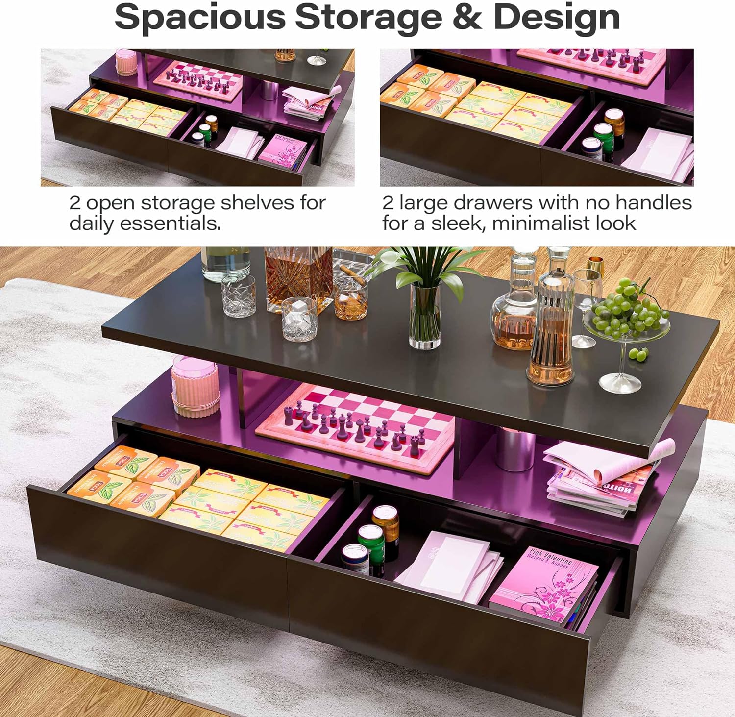 LAUSAINT HOME Coffee Table with Storage, 2-Tier LED Coffee Tables