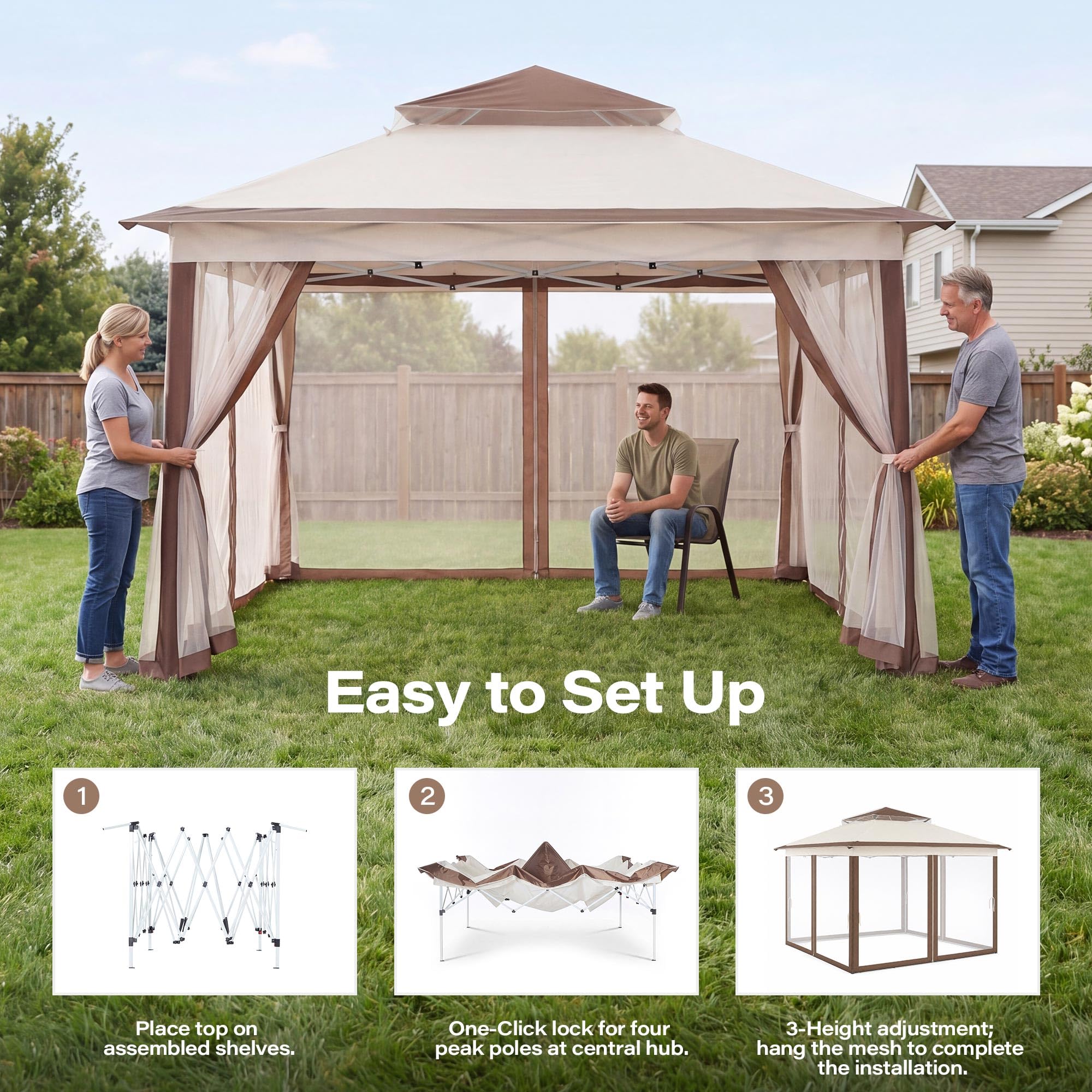LAUSAINT HOME 11x11 Pop Up Gazebo with Mosquito Netting, Portable Outdoor Gazebo Canopy Tent with Sidewalls, One Push Instant Setup & Adjustable Height for Patio Backyard Party BBQ Deck, Grey