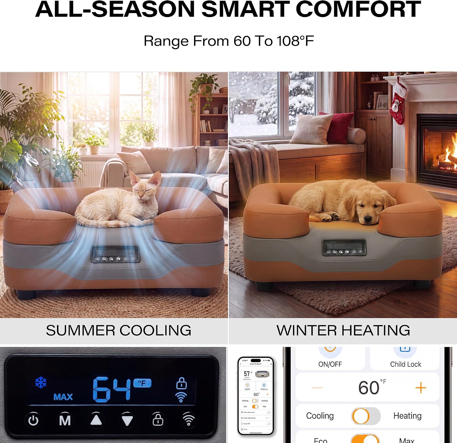 LAUSAINT HOME Heated & Cooling Cat Bed with App Control, Temperature Control Dog Bed with Wear Resistant PU Leather