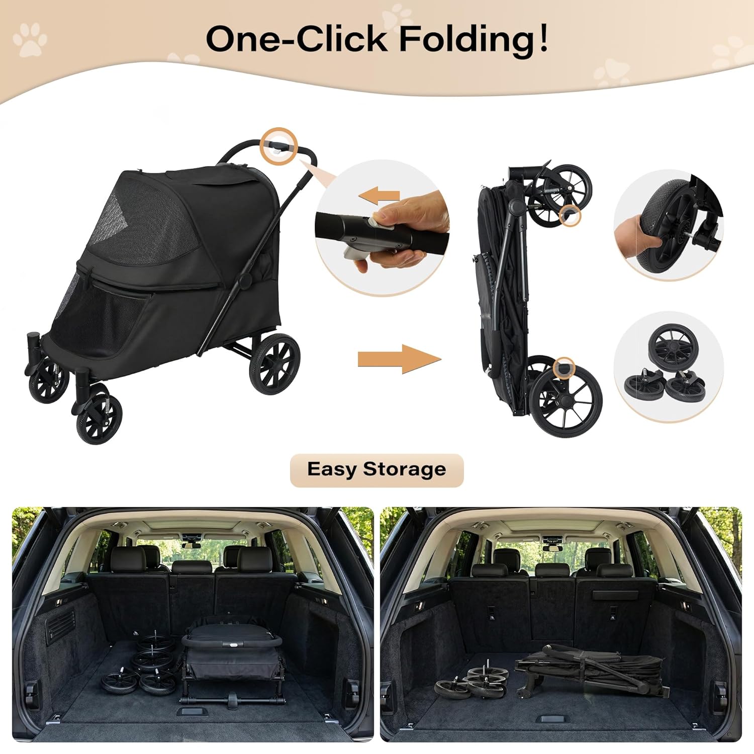 LAUSAINT HOME Pet Stroller, 4-Wheel Foldable Dog Cat Stroller for Medium/Large Pets