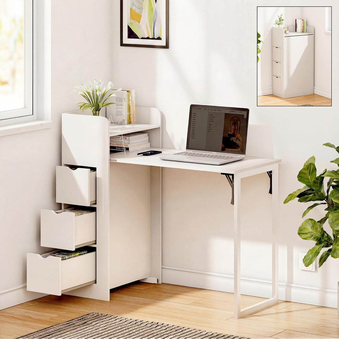 LAUSAINT HOME Wall Mounted Foldable Desk, Space Saving Hidden Desk with Storage & Power Outlet