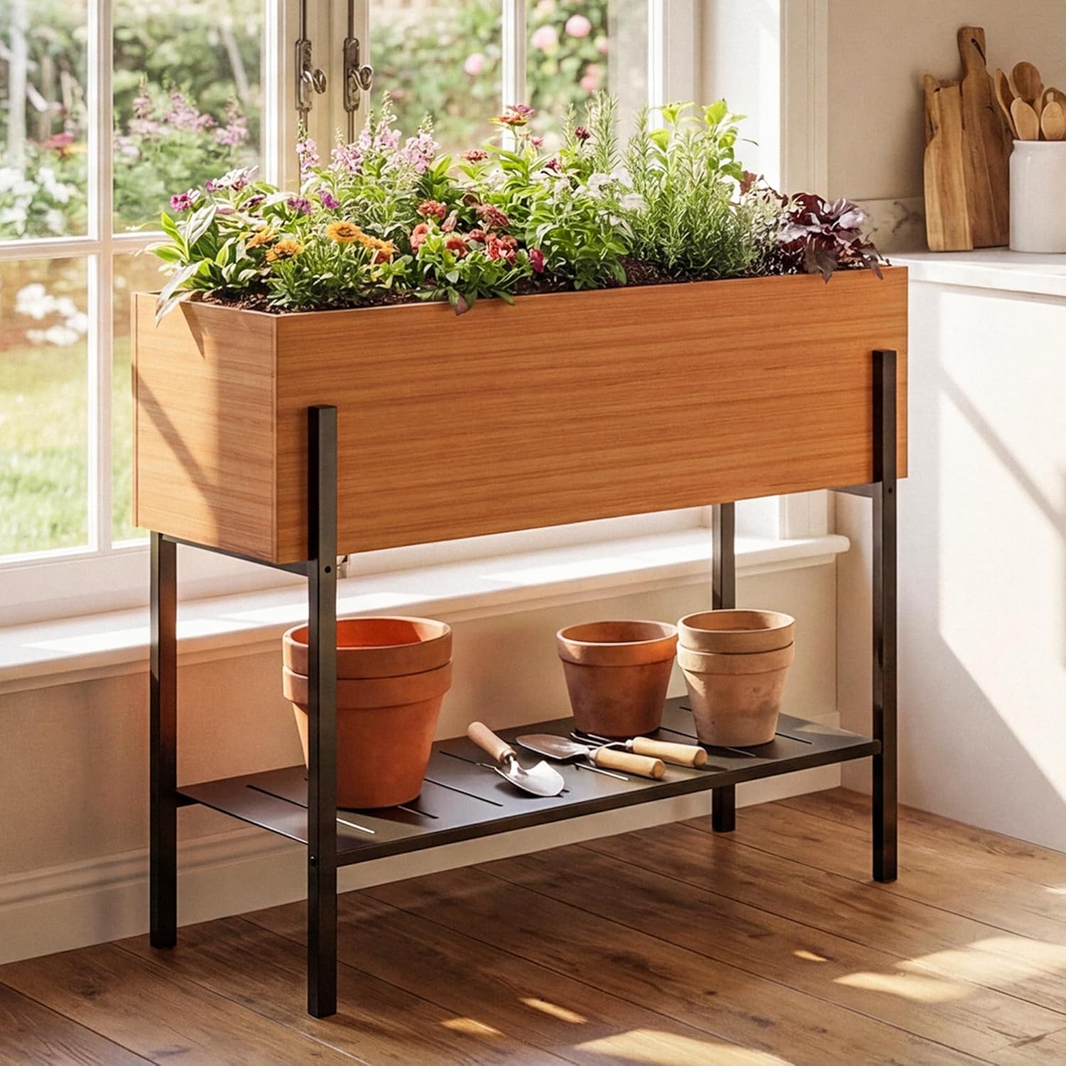 LAUSAINT HOME Outdoor Raised Garden Bed with Legs and Storage Shelf, 32" Tall Metal Elevated Planter Box