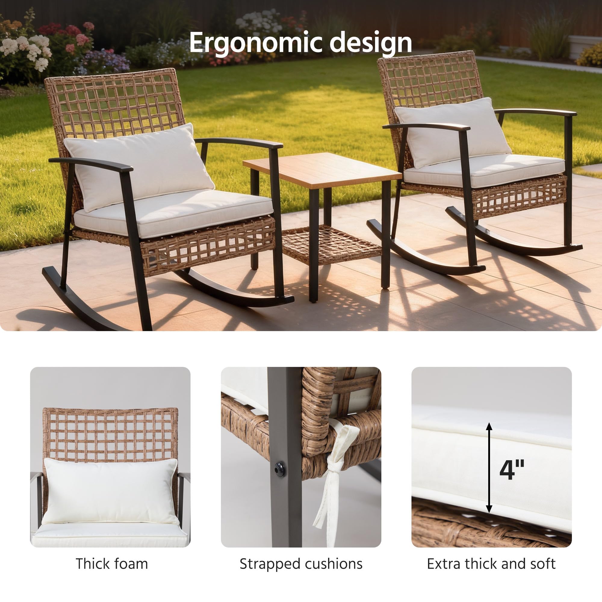 LAUSAINT HOME 3 Pieces Rocking Patio Bistro Set, Wicker Outdoor Conversation Set