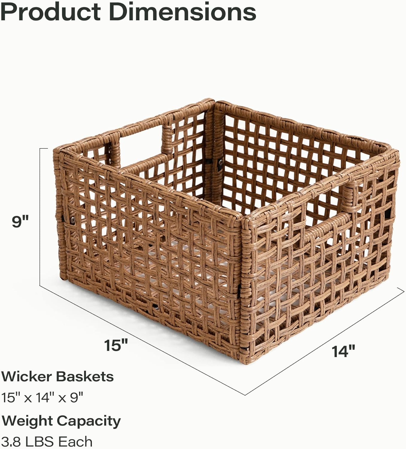 LAUSAINT HOME Rectangle Wicker Basket with Handles for Storage, Large Natural Baskets for Organizing, Woven Basket for Shelves in Living room, Kitchen, Bathroom (2 pack)
