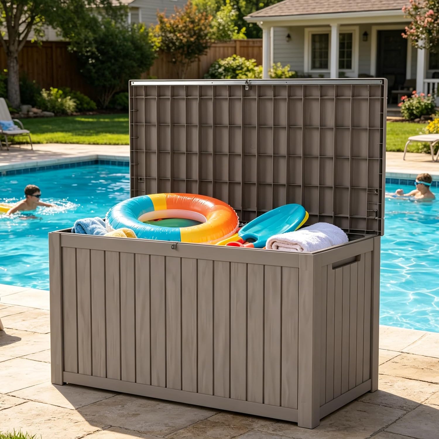 LAUSAINT HOME Resin Deck Box for Outdoor Storage - Weatherproof Patio Storage Bench