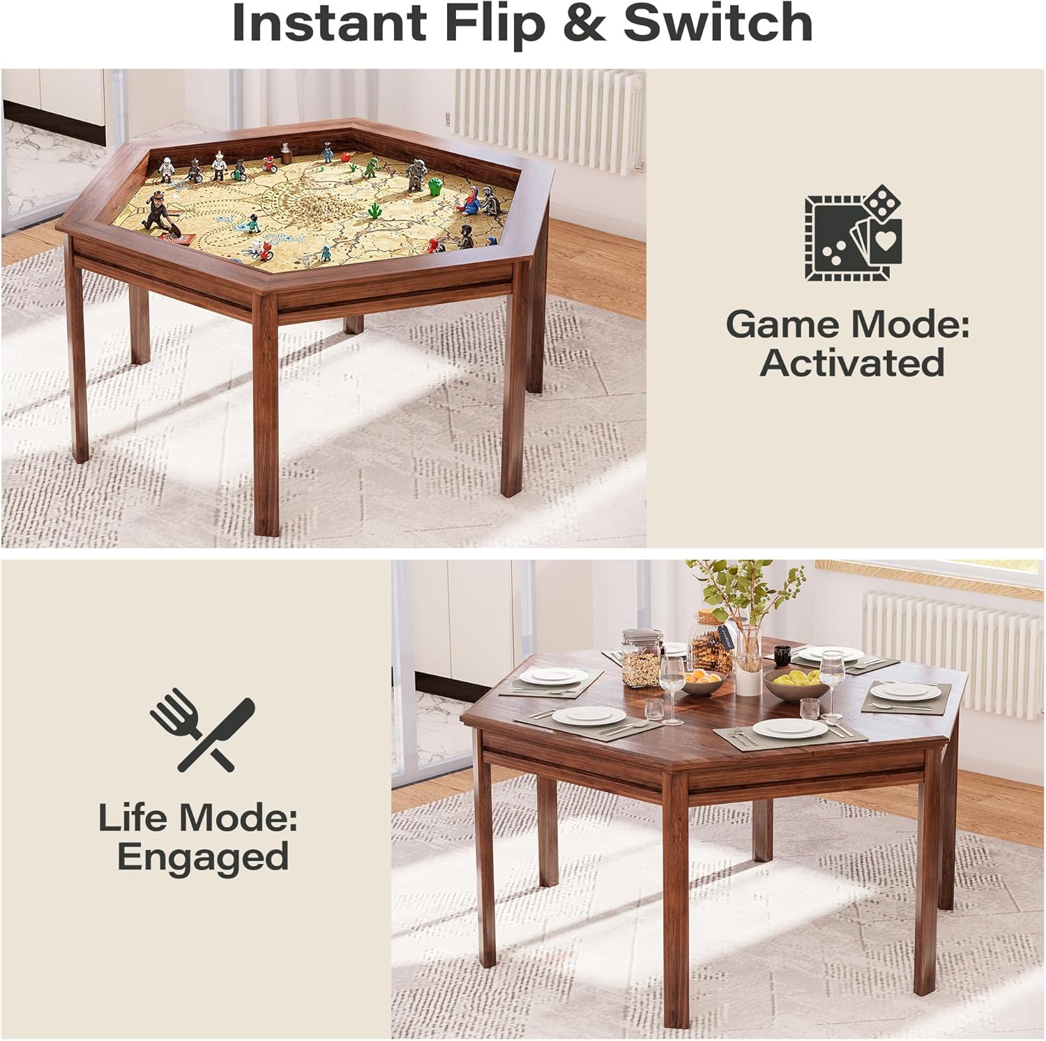 LAUSAINT HOME Hexagon Board Game Table with Removable Table Top, 59” Play Area for 6 Players