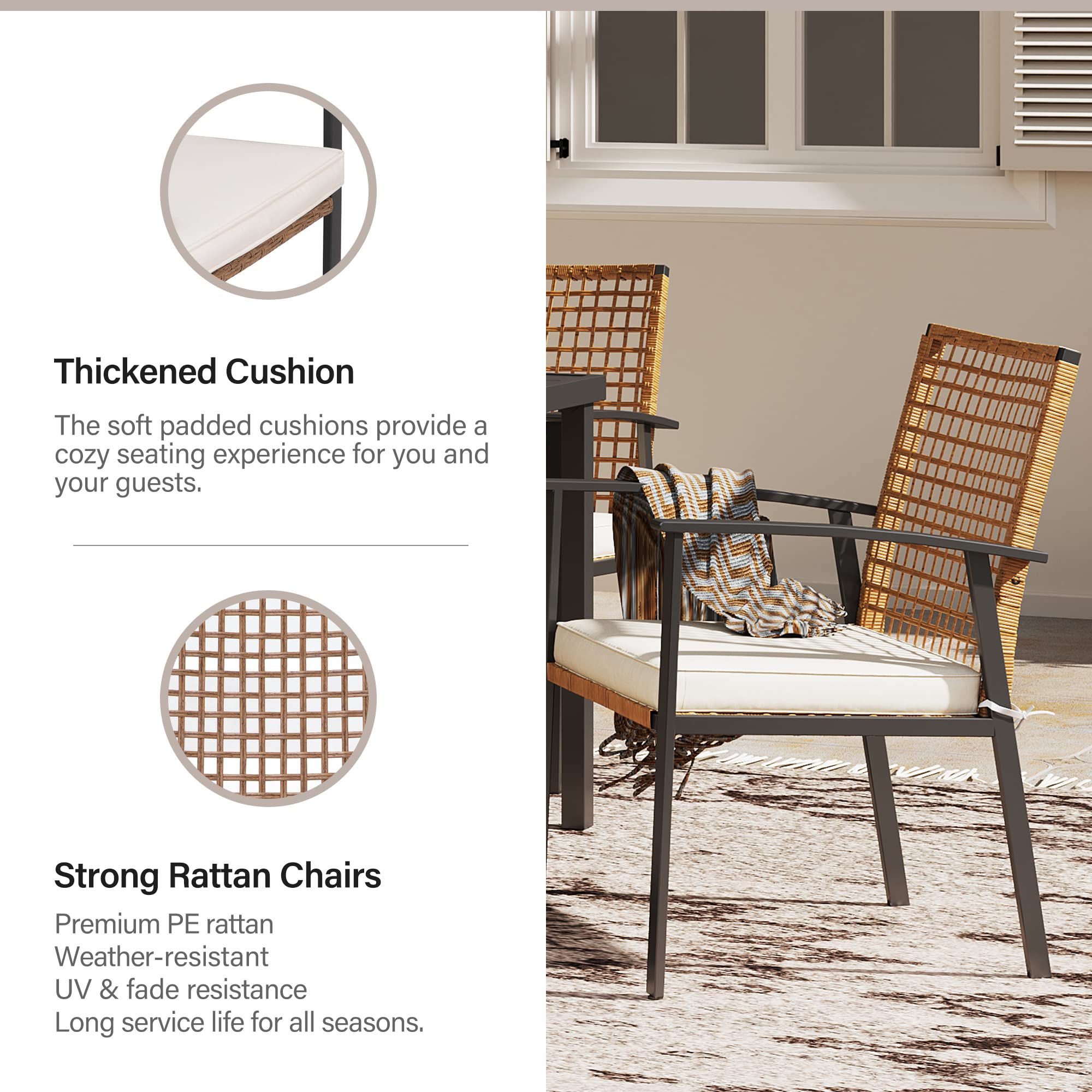 LAUSAINT HOME 7 Pieces Patio Dining Set, Outdoor Furniture Set of 6 Wicker Chairs (2 of Them Swivel) with Soft Cushion and Iron Slats Table Top with Umbrella Hole, Conversation Set for Backyard