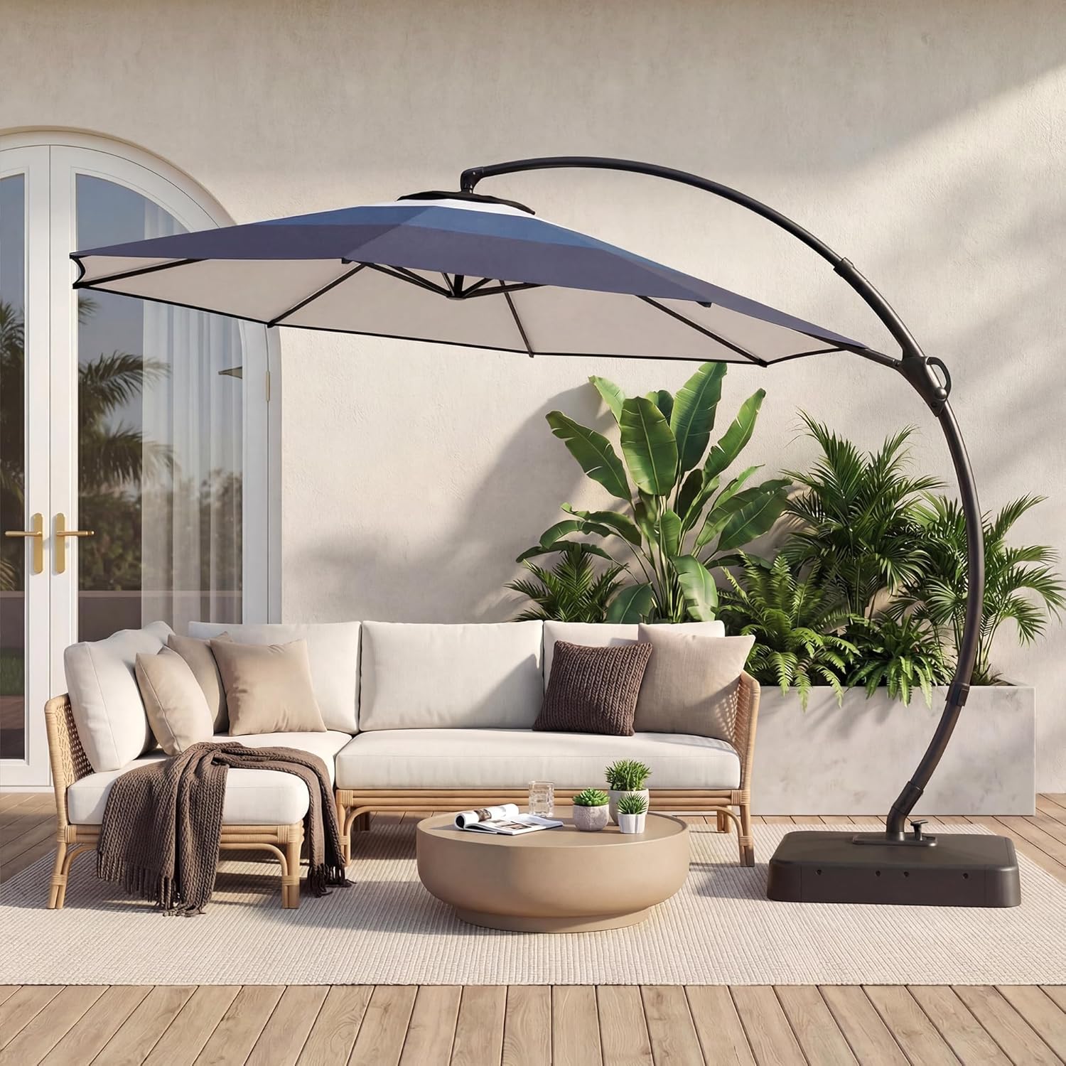 LAUSAINT HOME Outdoor Patio Umbrella with Base Included, Large Sun Shade Cantilever Umbrella Deluxe Curvy