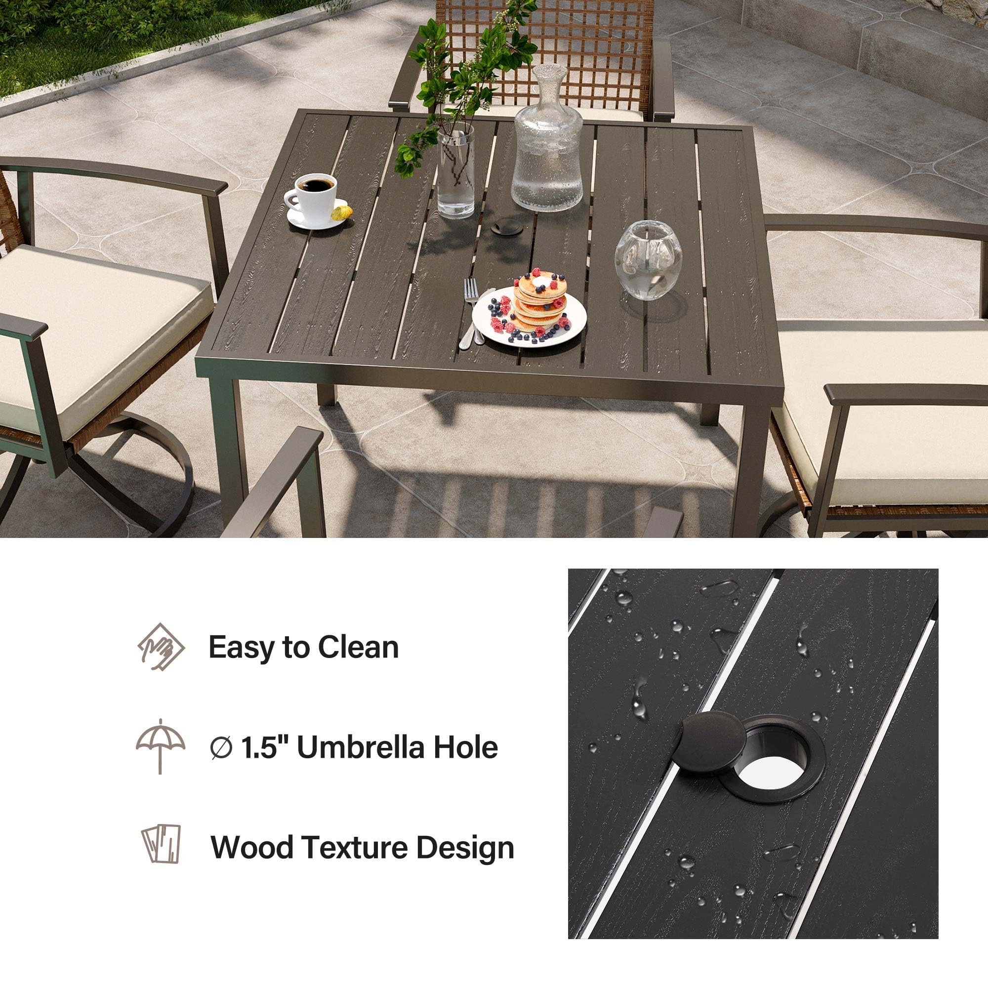 LAUSAINT HOME Outdoor Dining Table with Umbrella Hole, Weather Resistant Heavy Duty Metal Frame Table