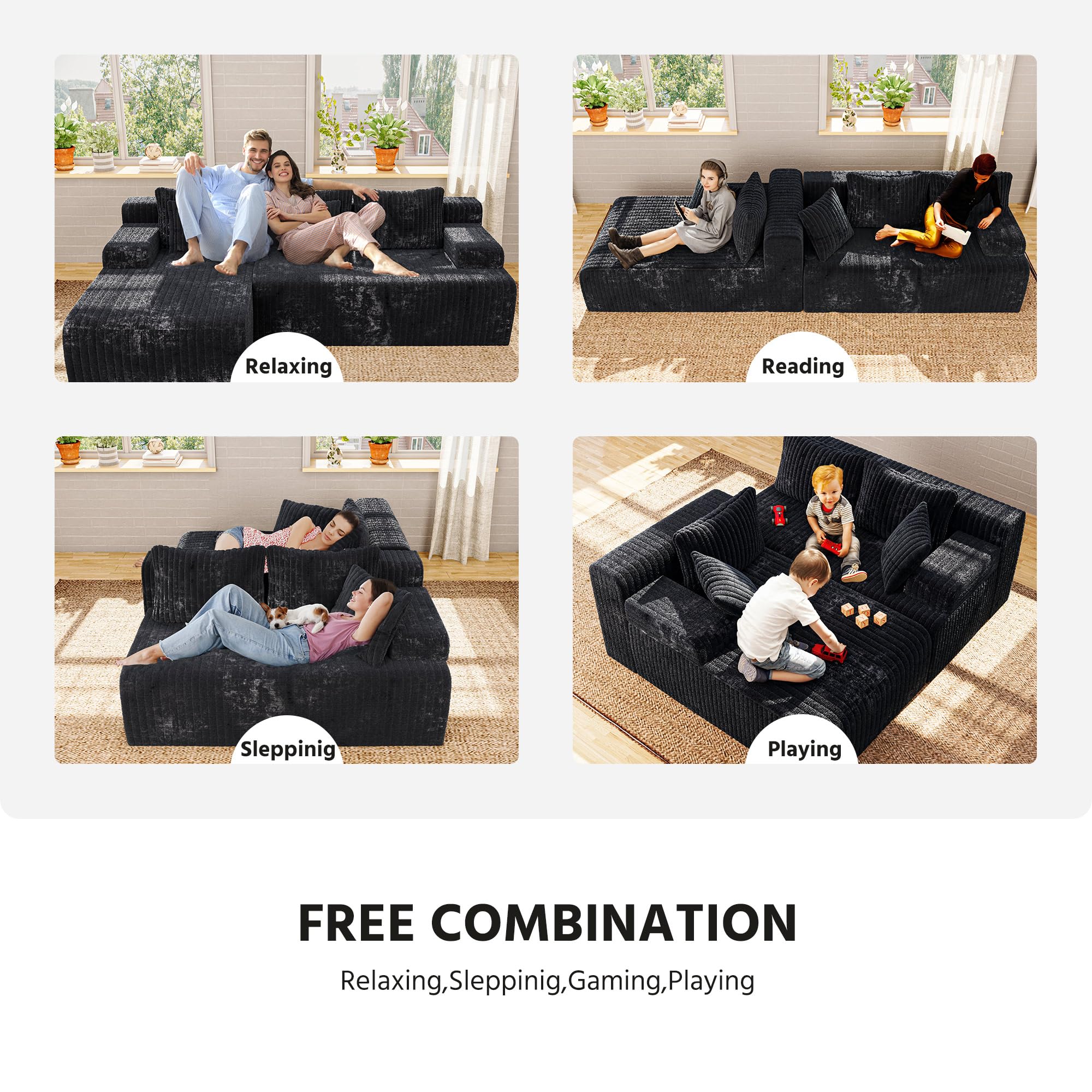 LAUSAINT HOME 96" Modular Sectional Sofa Couches, L-Shaped Boneless Cloud Sofa with 3 Deep Seat