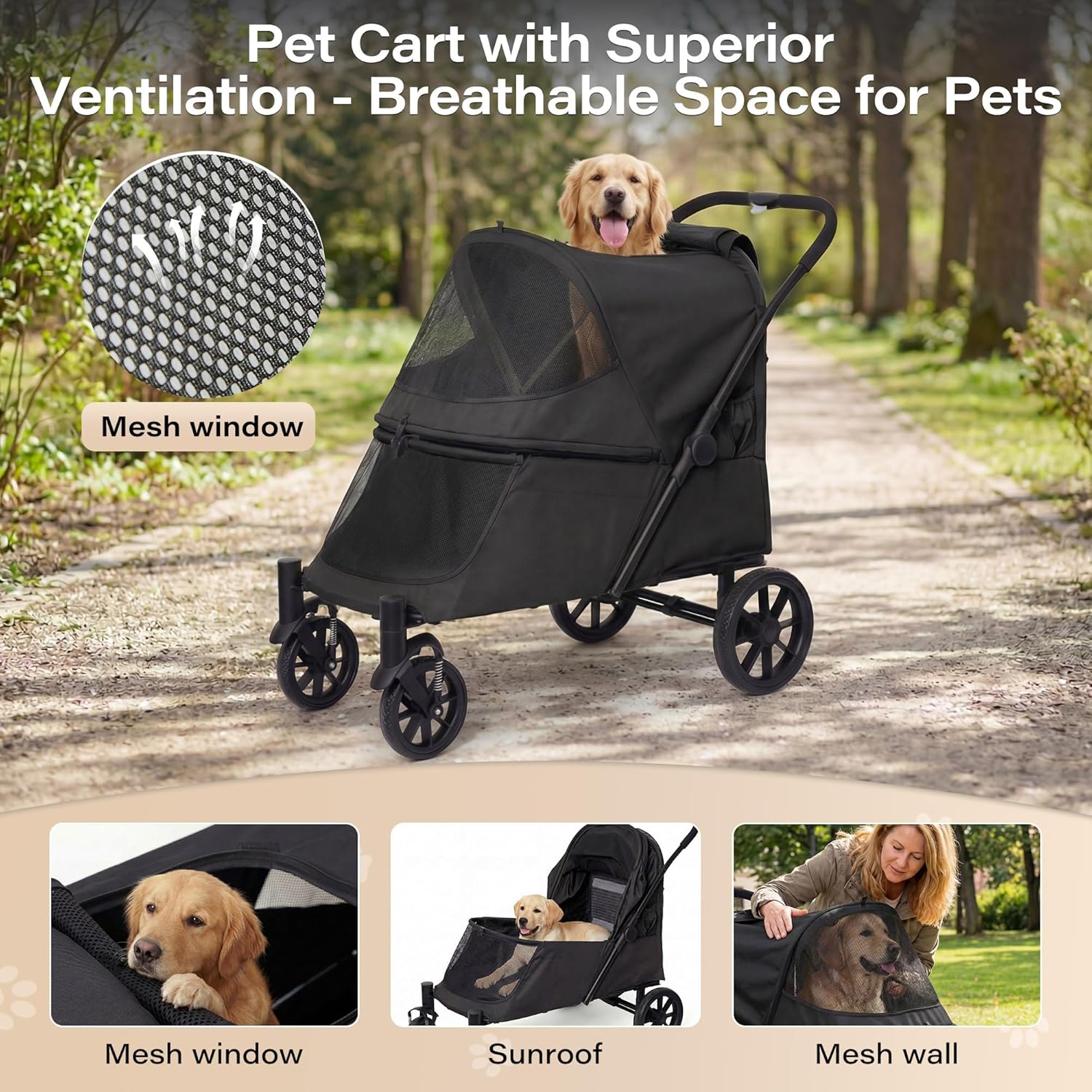 LAUSAINT HOME Pet Stroller, 4-Wheel Foldable Dog Cat Stroller for Medium/Large Pets