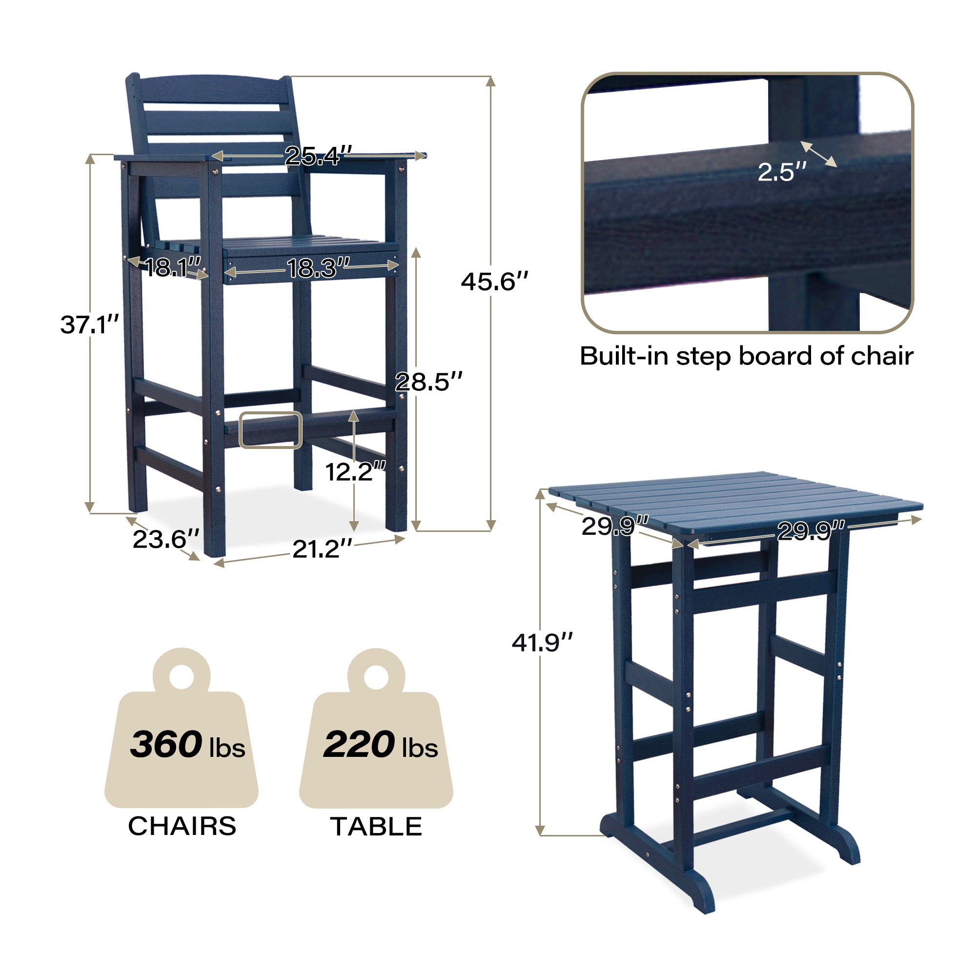 LAUSAINT HOME 3 Pieces HDPE Height Table and Adirondack Chairs Set