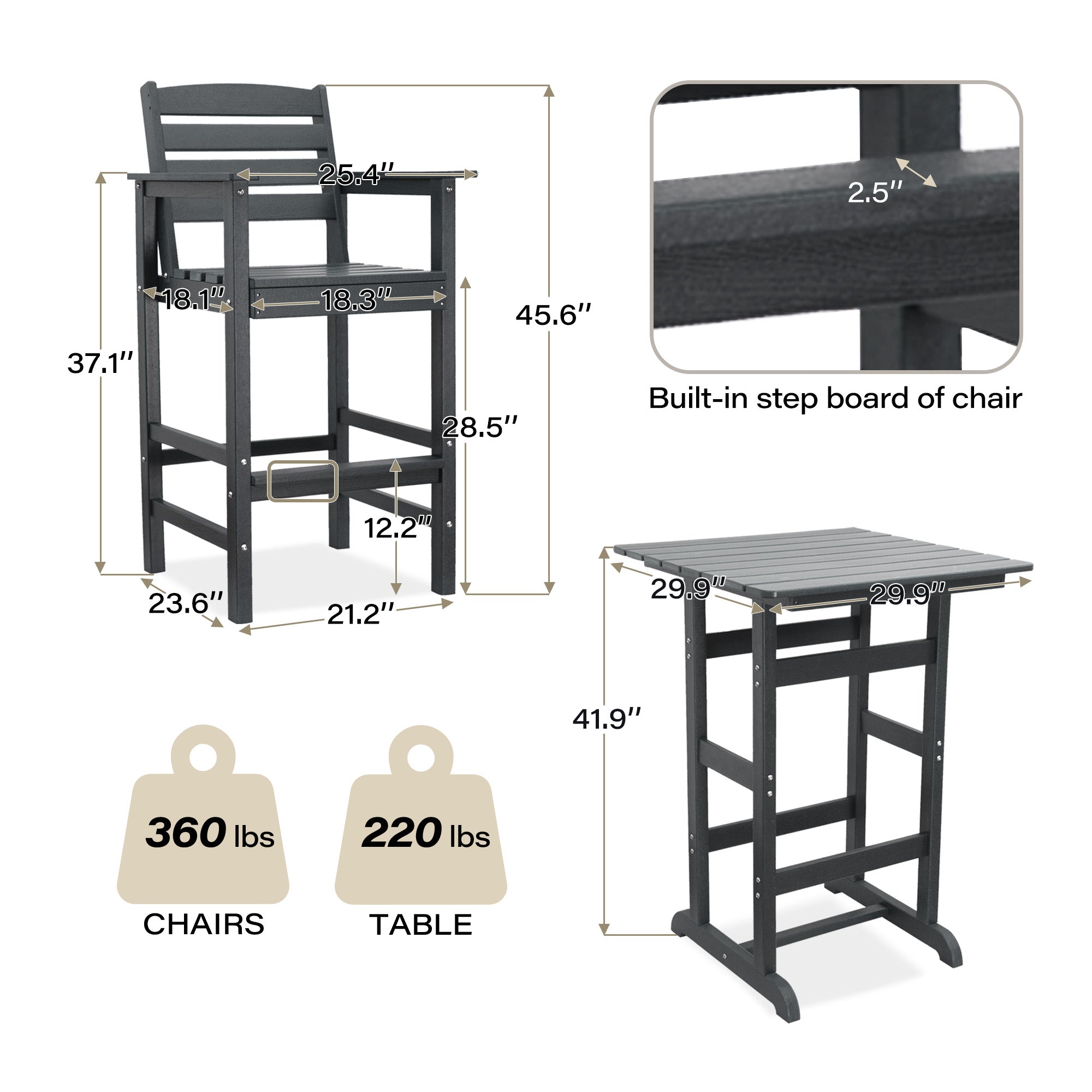 LAUSAINT HOME 3 Pieces HDPE Height Table and Adirondack Chairs Set
