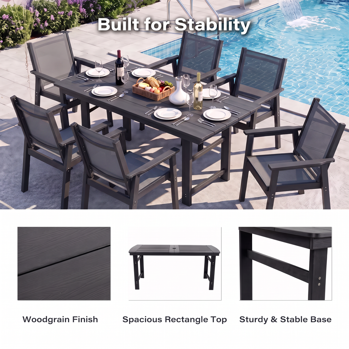 Lausaint Home 7-Piece Outdoor HDPE Dining Set with Textilene Chairs & Umbrella Hole Table