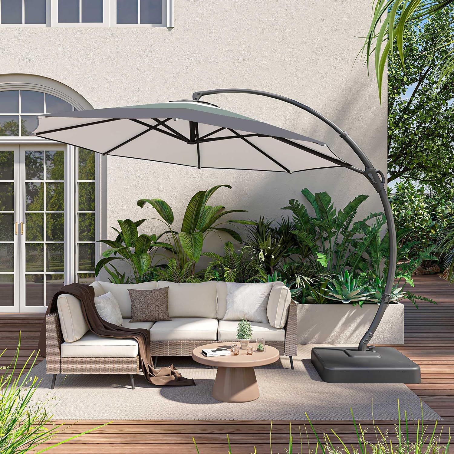 LAUSAINT HOME 11 Ft Outdoor Patio Umbrella with Base, Deluxe Curvy Cantilever Umbrella Heavy Duty with 360° Rotation