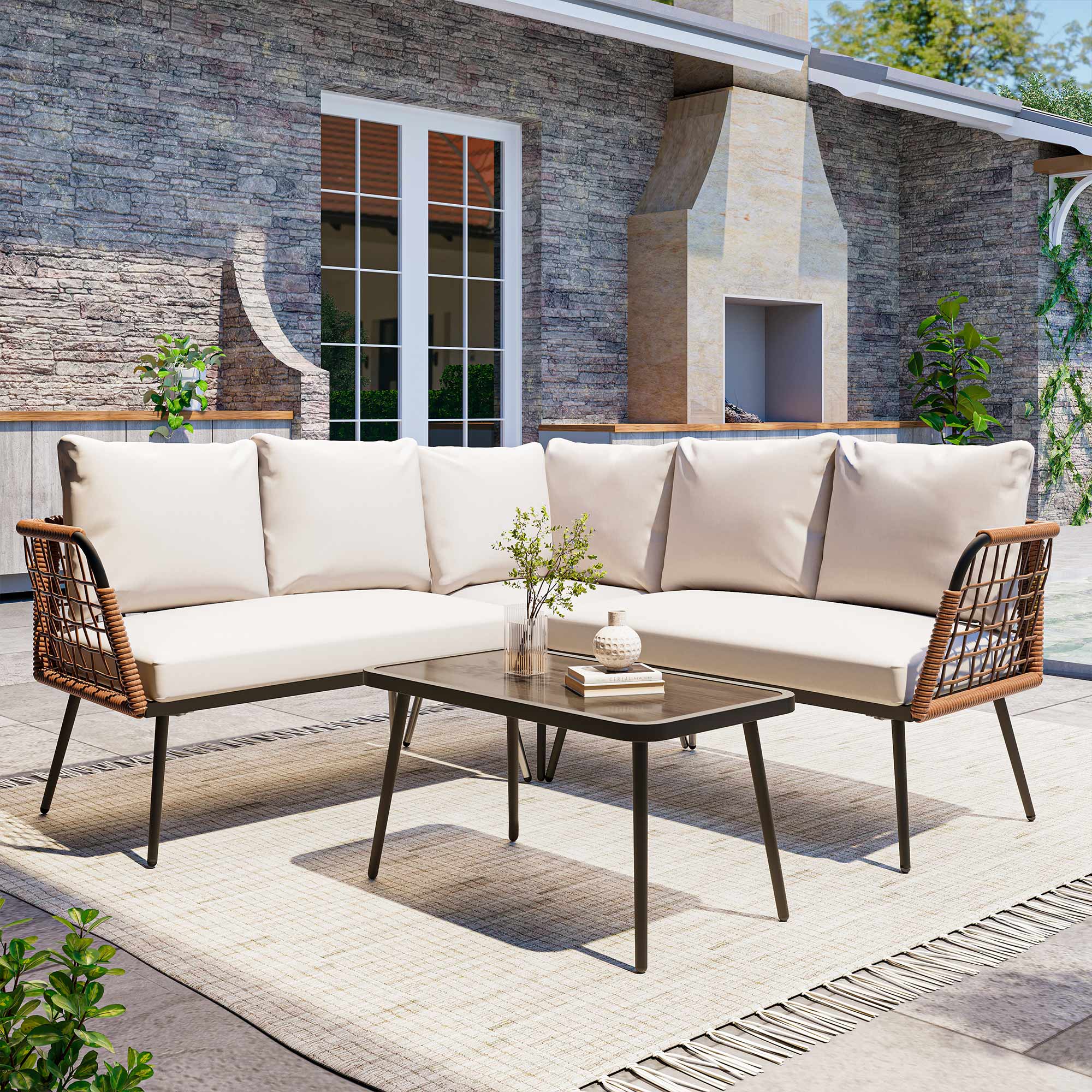 LAUSAINT HOME L-Shaped Outdoor Furniture Set, Wicker Rattan Patio Sectional