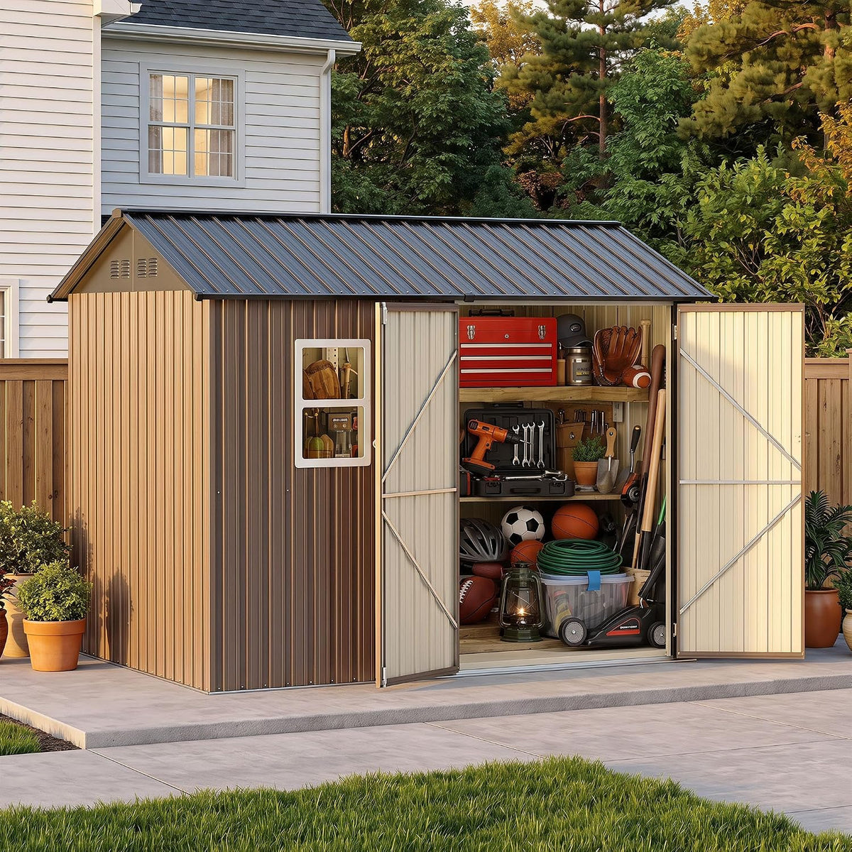 LAUSAINT HOME 8 x 6 FT Outdoor Storage Shed with Window, Galvanized Steel Storage Shed, Double Lockable Doors, Gable Roof & Air Vent for Backyard, Brown