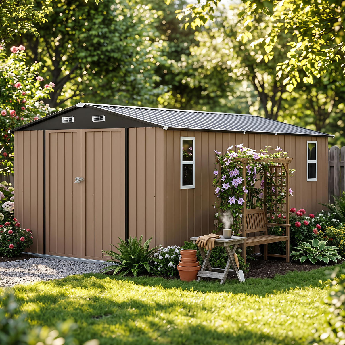 LAUSAINT HOME 8 x 6 FT Outdoor Storage Shed with Window, Galvanized Steel Storage Shed, Double Lockable Doors, Gable Roof & Air Vent for Backyard, Brown