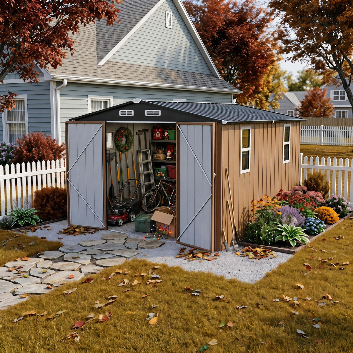LAUSAINT HOME 8 x 6 FT Outdoor Storage Shed with Window, Galvanized Steel Storage Shed, Double Lockable Doors, Gable Roof & Air Vent for Backyard, Brown