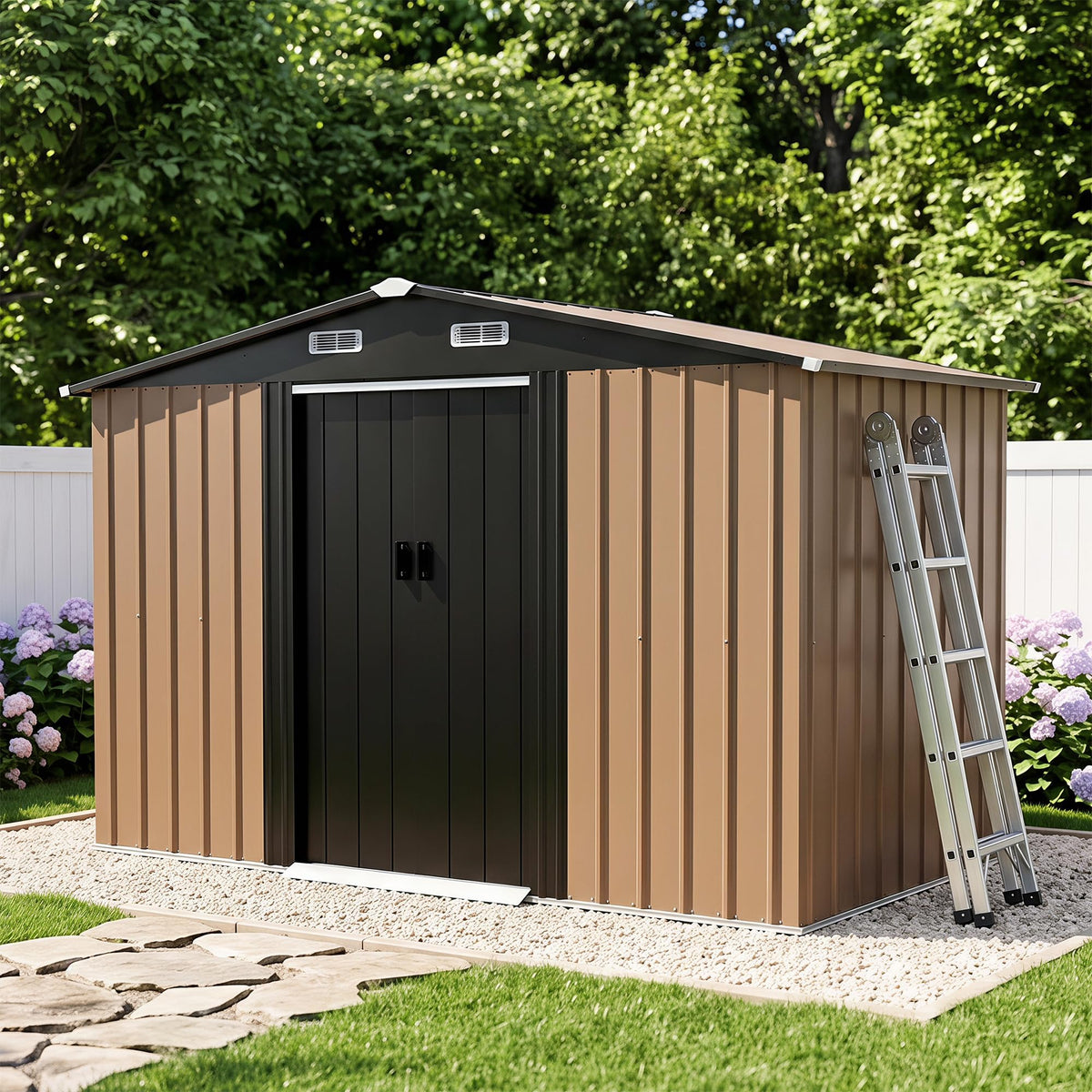 LAUSAINT HOME 8 x 6 FT Outdoor Storage Shed with Window, Galvanized Steel Storage Shed, Double Lockable Doors, Gable Roof & Air Vent for Backyard, Brown